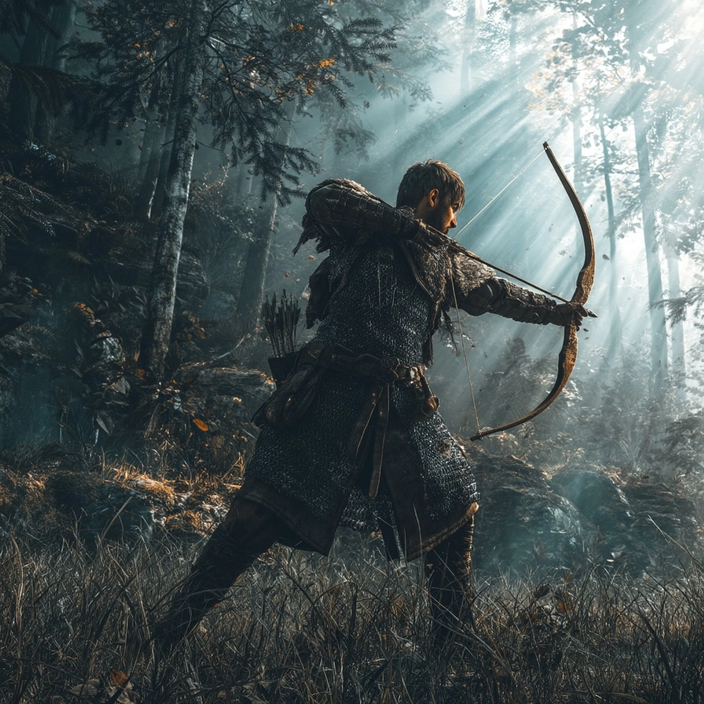 Medieval combat environment, light archer warrior, recoiling bow