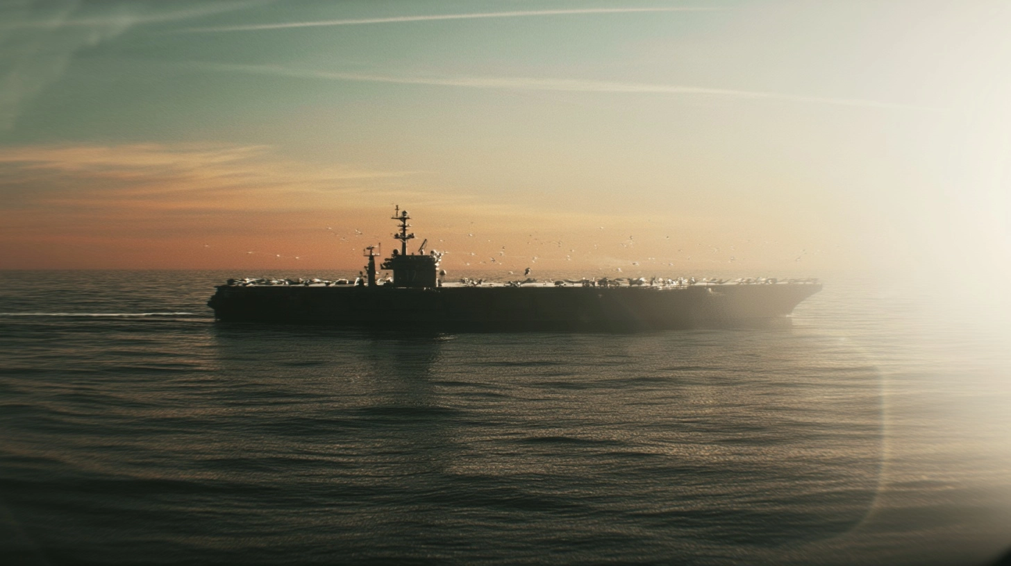 Modern aircraft carrier at dawn, steel-gray ocean, orange and teal sky, atmospheric haze