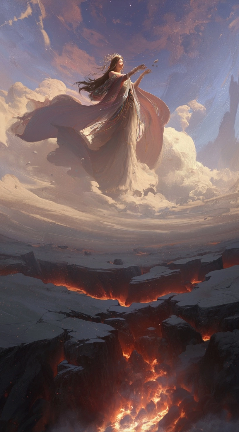 Nuwa mending the sky, the graceful giant goddess in colorful feather robe
