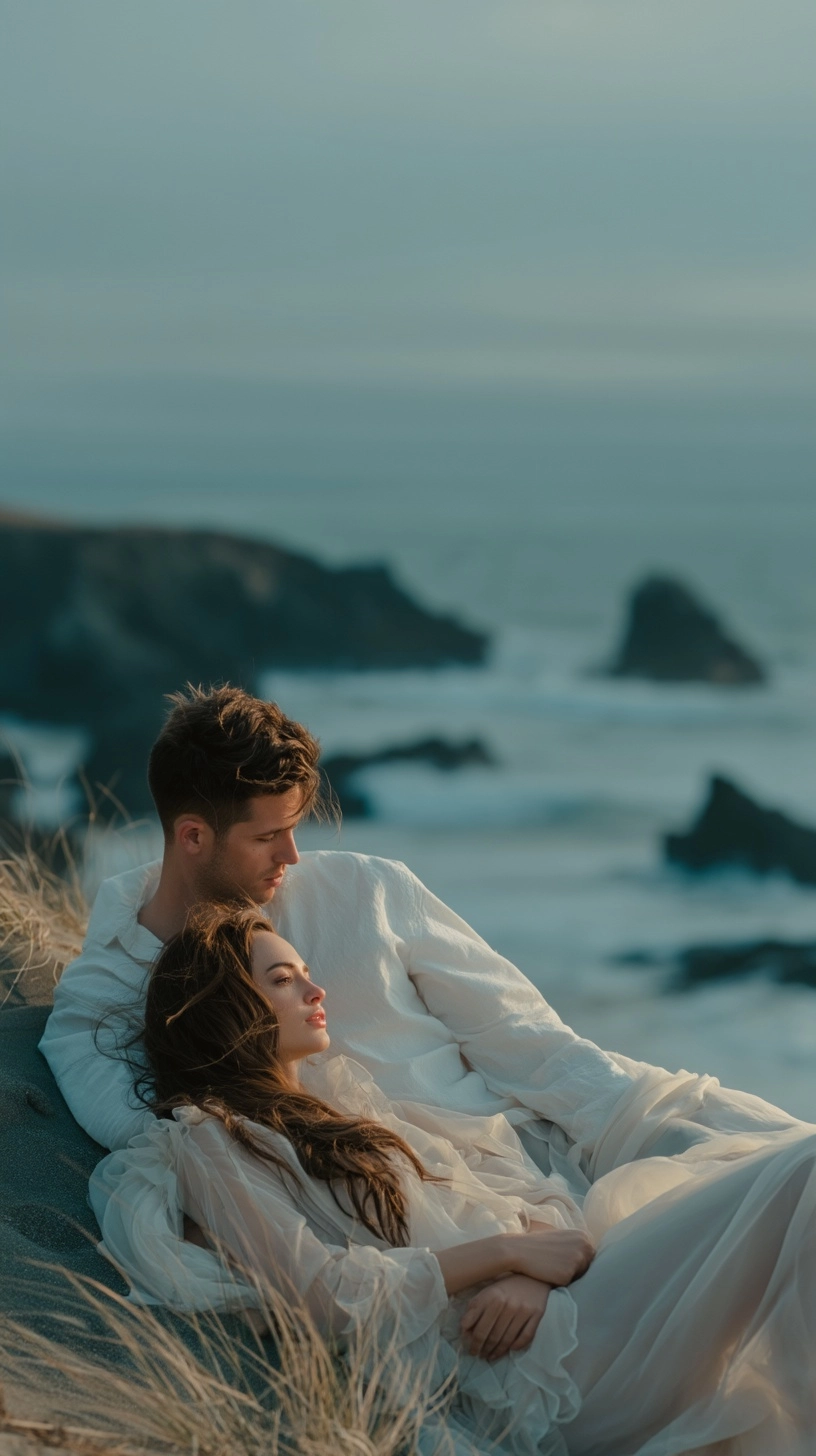 Photorealistic cinematic portrait of a romantic couple on a windswept seaside cliff