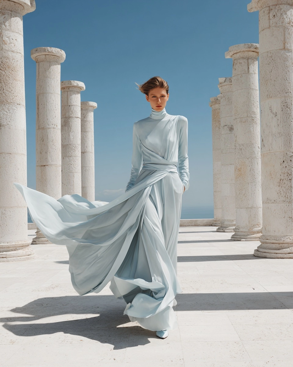 An elegant woman in a pale blue ensemble with architectural tailoring and fluid draped movement