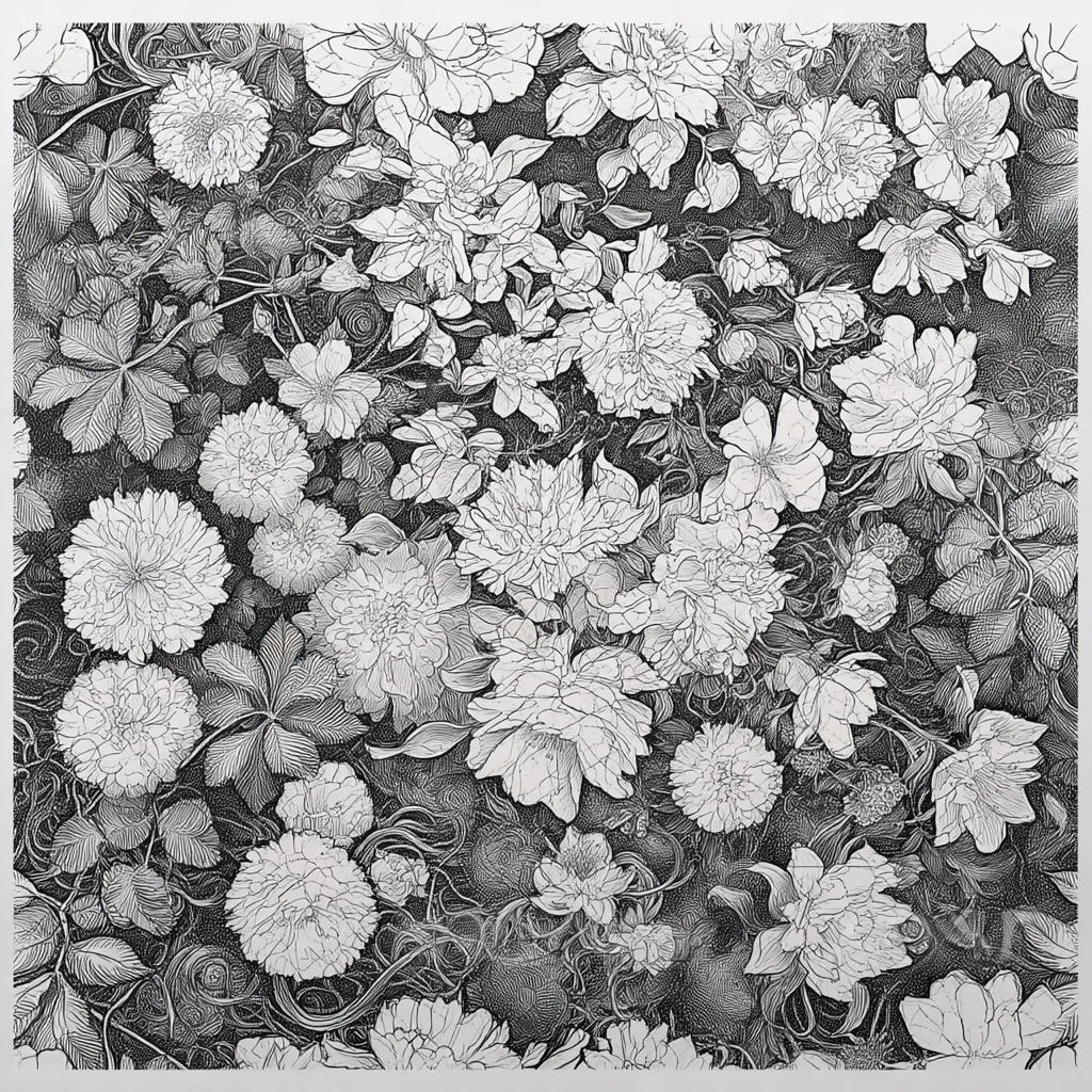 Seamless repeating pattern tile, variety of flowers and botanicals, hand drawn style