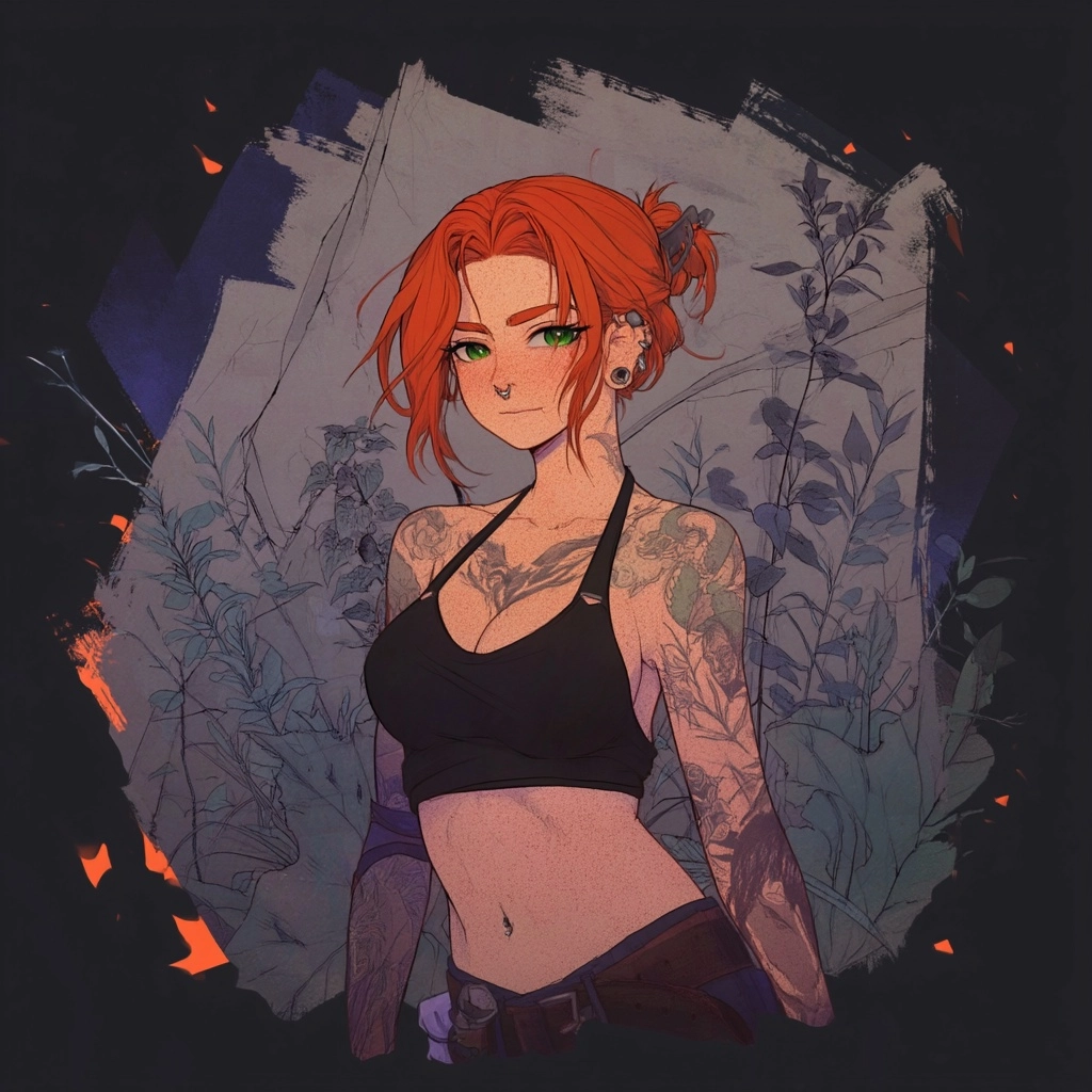 Five-two. Compact. Athletic from rock climbing and skating, toned arms and stomach. Red hair
