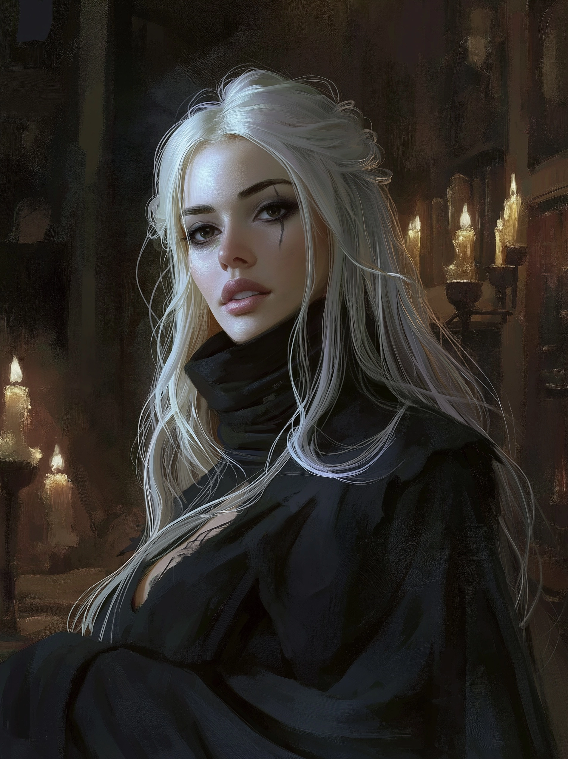 Semi-realistic portrait painting of a dark fantasy sorceress, half-body portrait
