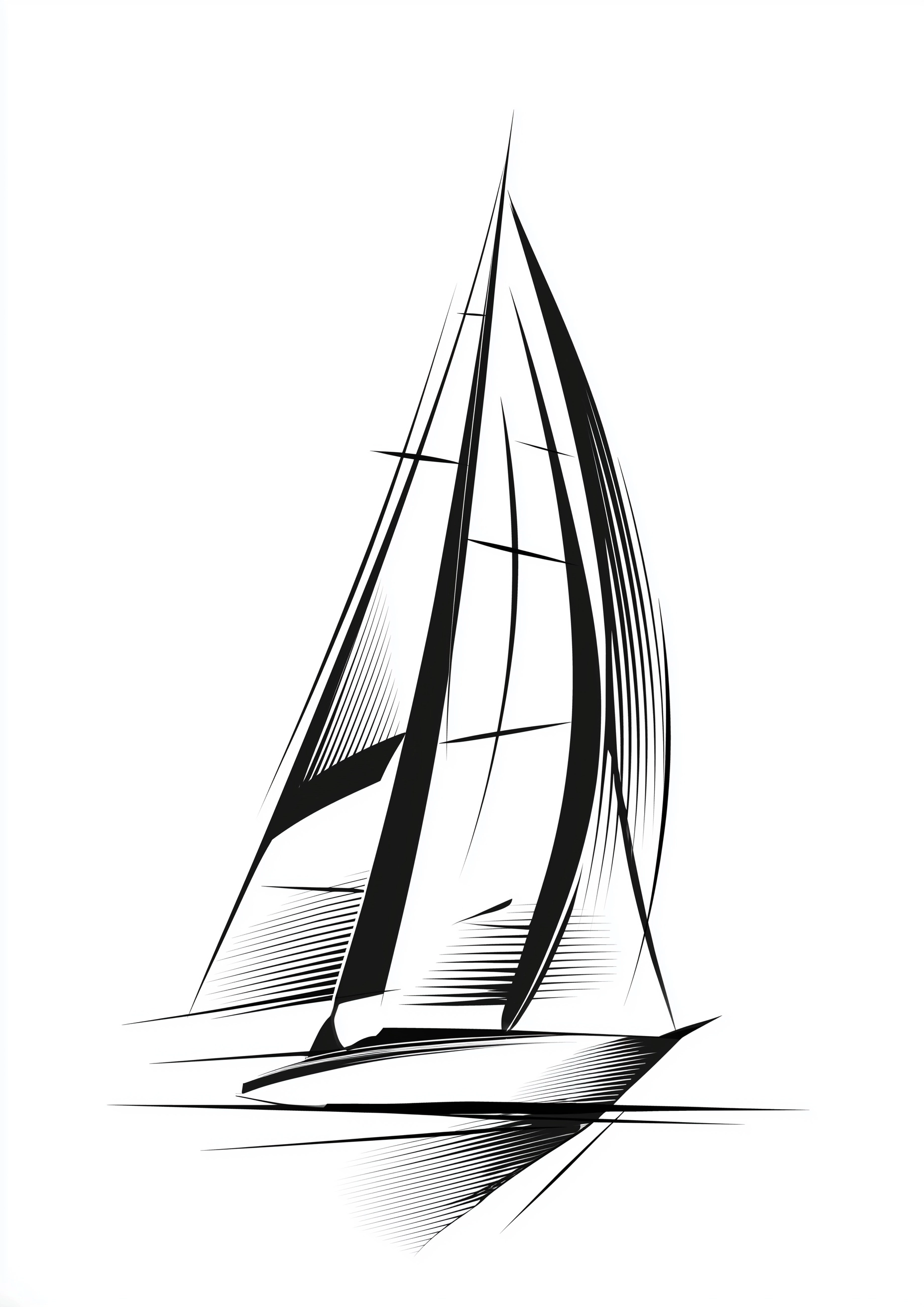 Simplified leaning SAILBOAT vector outline woodcut print ON WHITE BACKGROUND