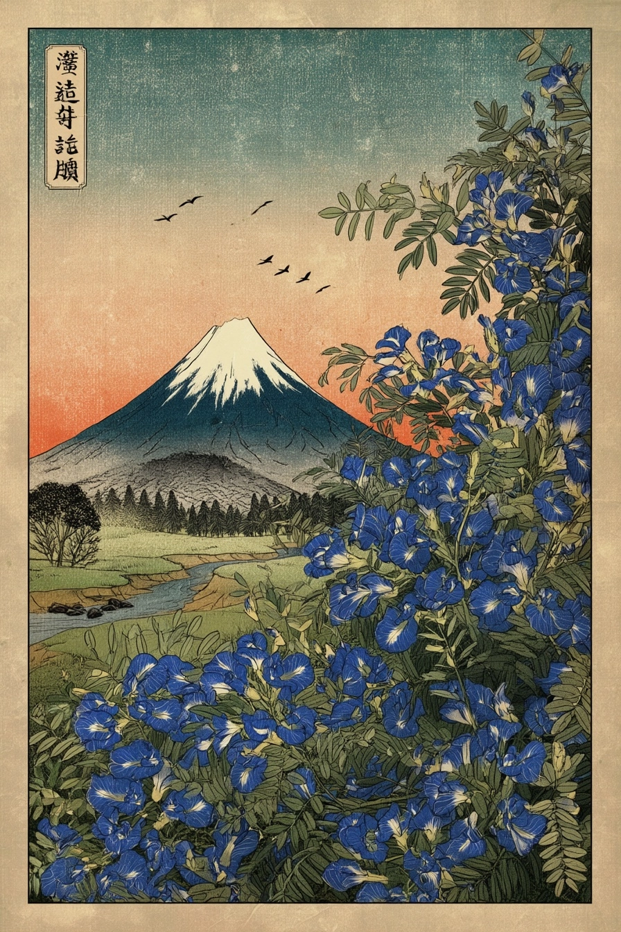 The wildflowers clitoria ternatea depicted near Mount Fuji