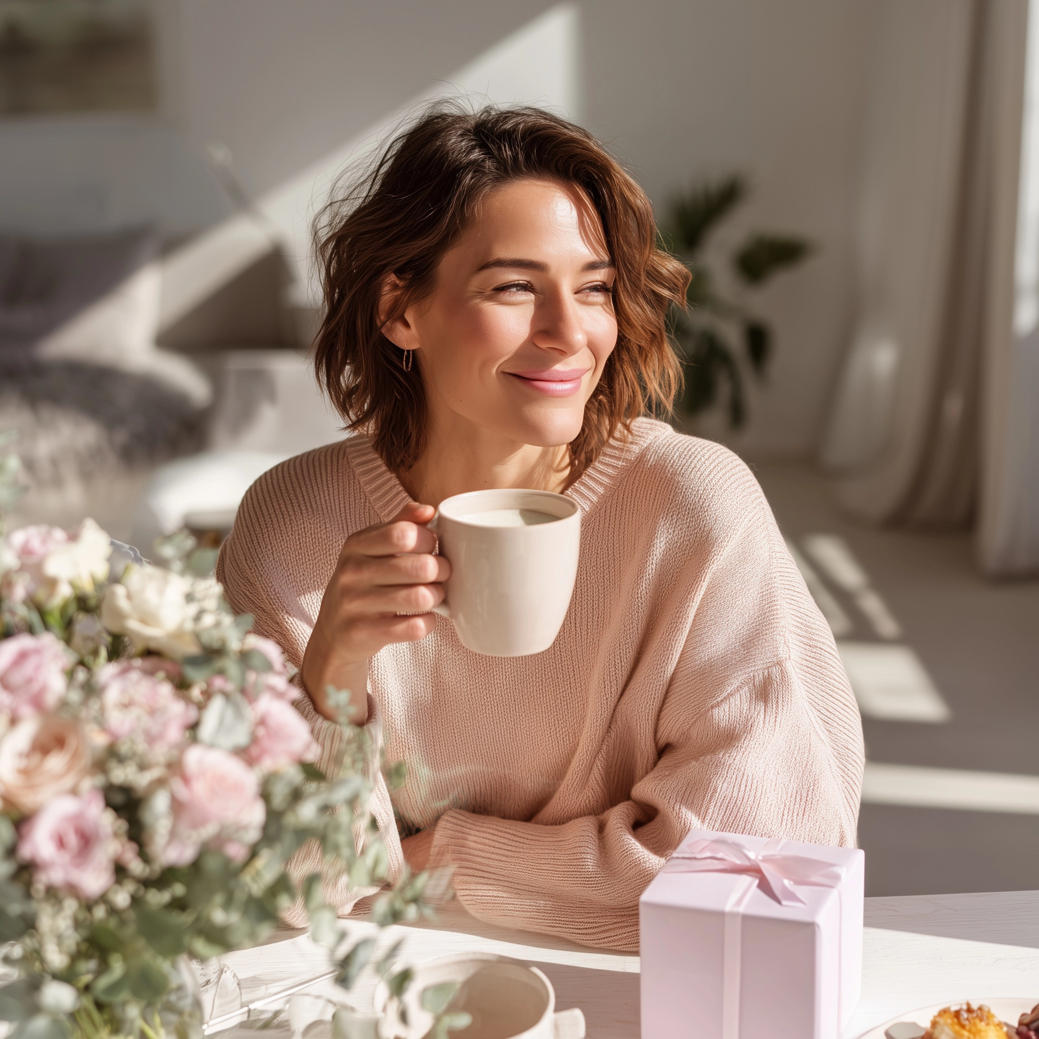 Happy mother sitting at a breakfast table, holding a plain coffee mug without any text or logo