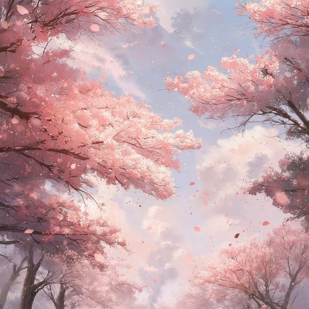 A poetic memorial illustration centered on fully blooming cherry blossoms in Japan on April 1