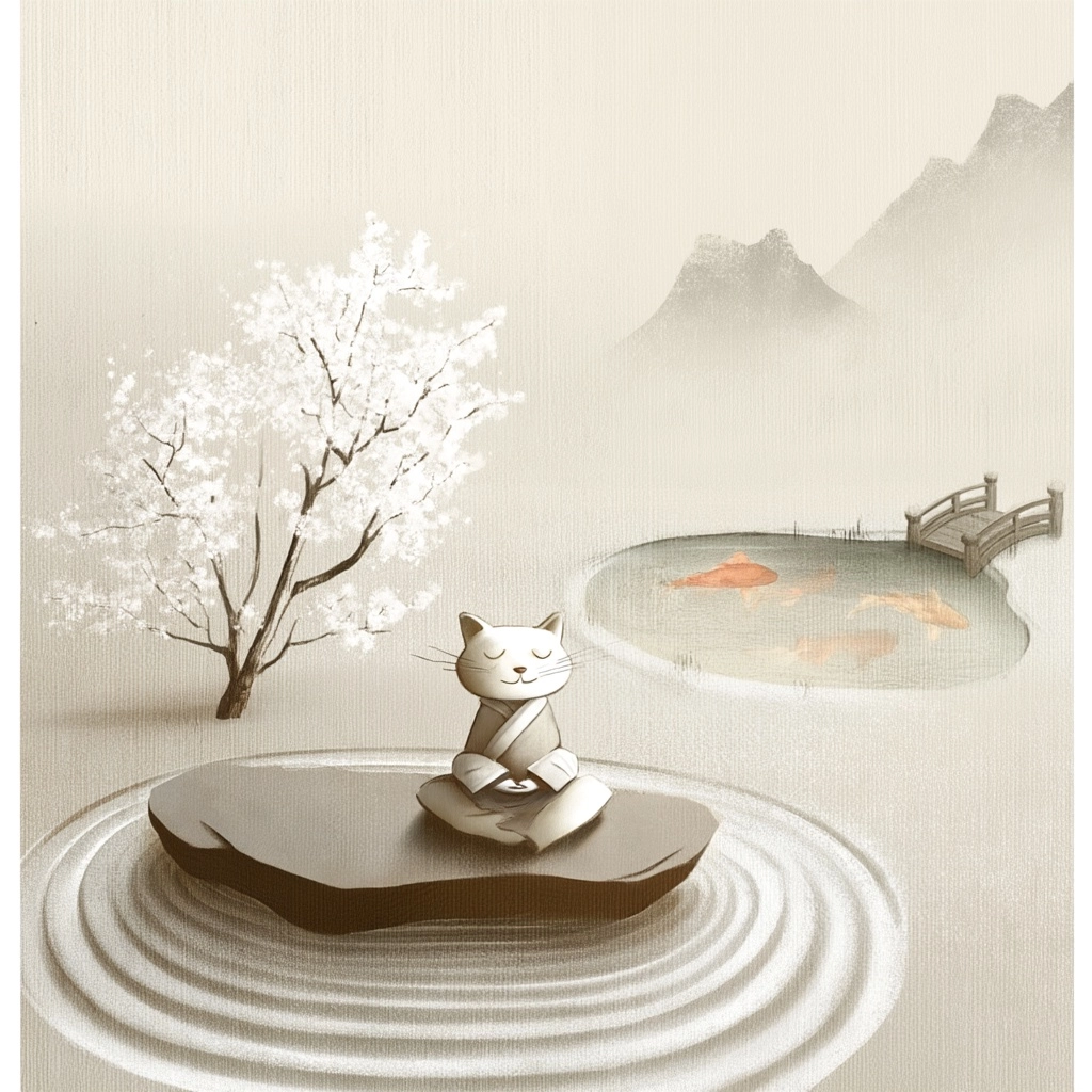 Zen master cartoon cat meditating in a Japanese garden. Sitting in lotus position on a flat rock. We