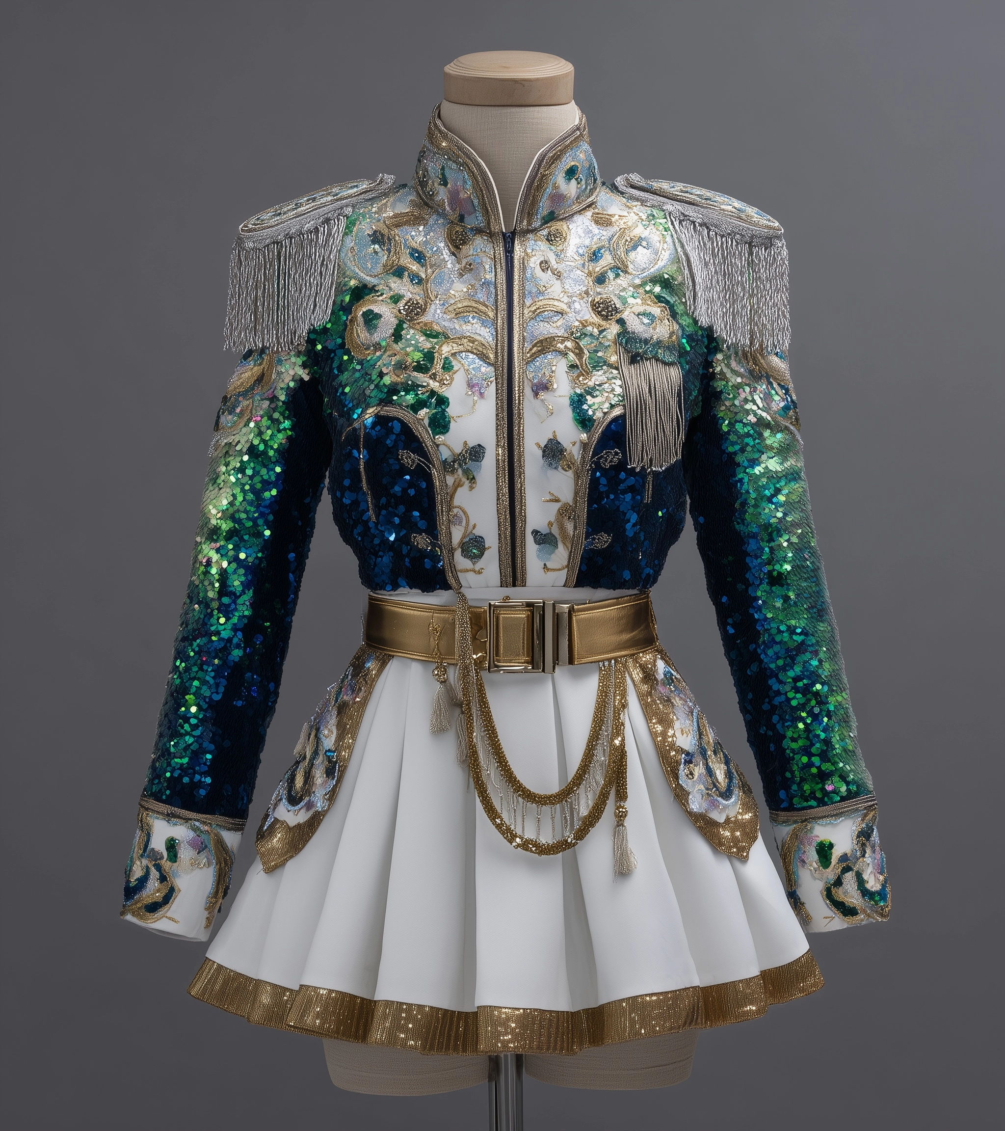 A full-body shot of an intricate and detailed k-pop idol outfit. the outfit consists of a white skir