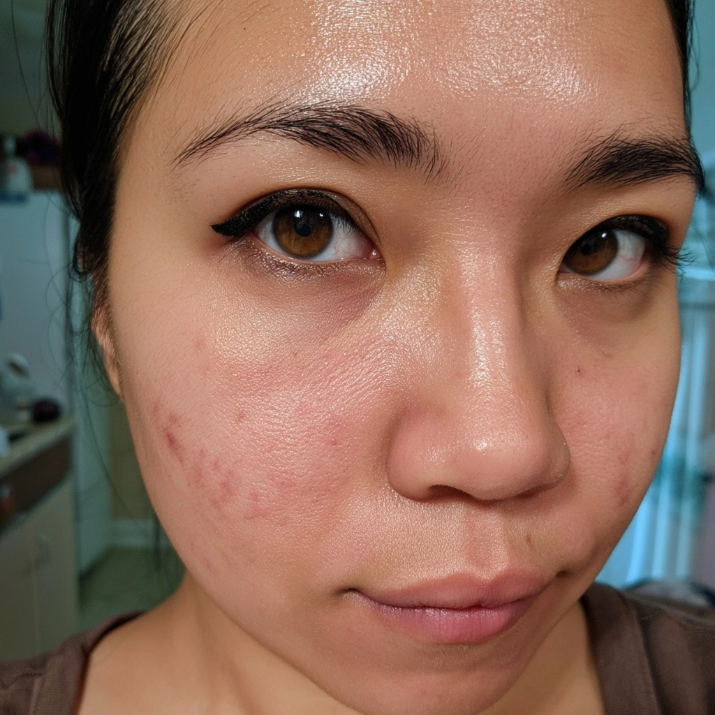 Close-up of the left side of my face, showing some small redness and blemishes around one cheek area