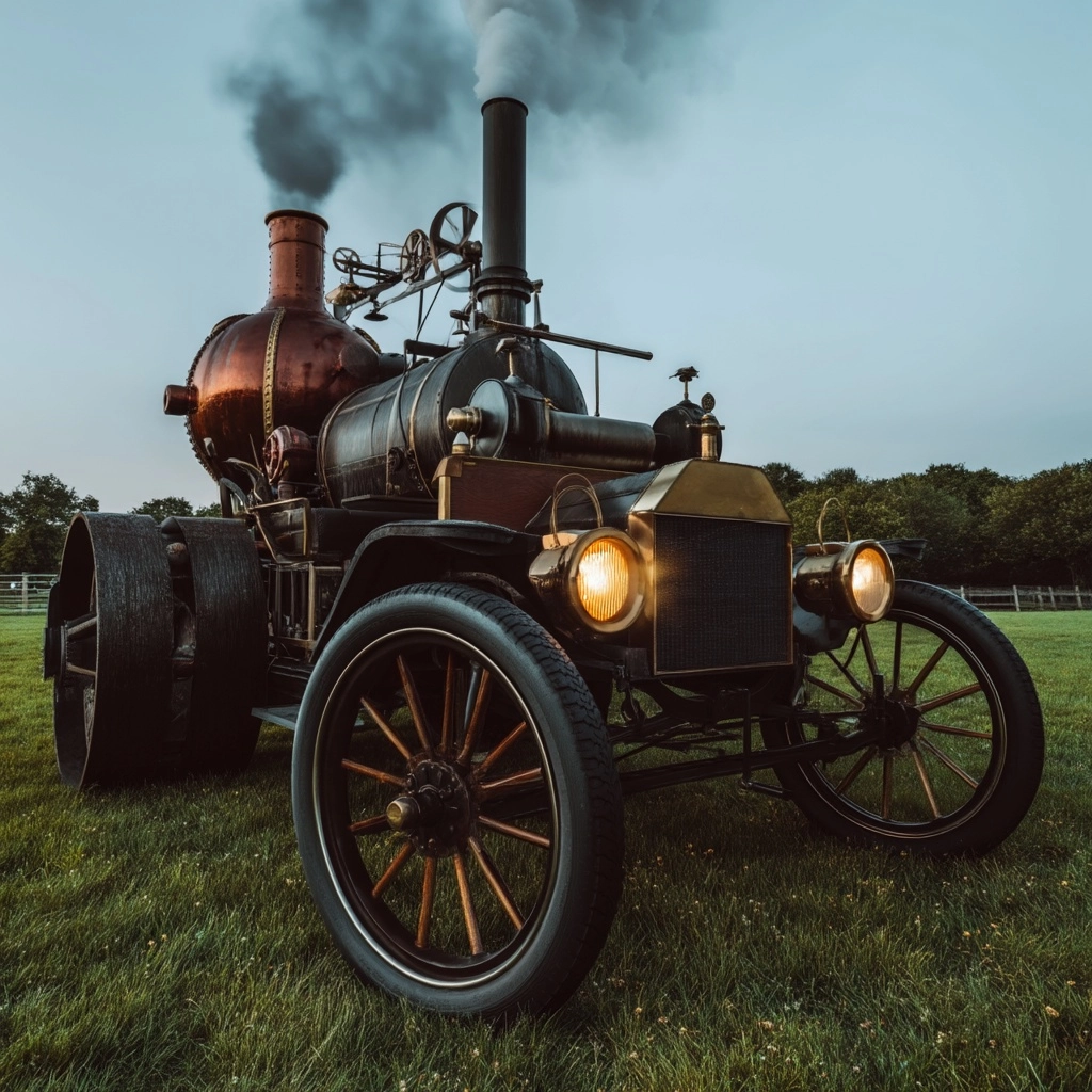 Edwardian futuristic car steam mobile, , , steam tractor, monster truck, photography, intricate