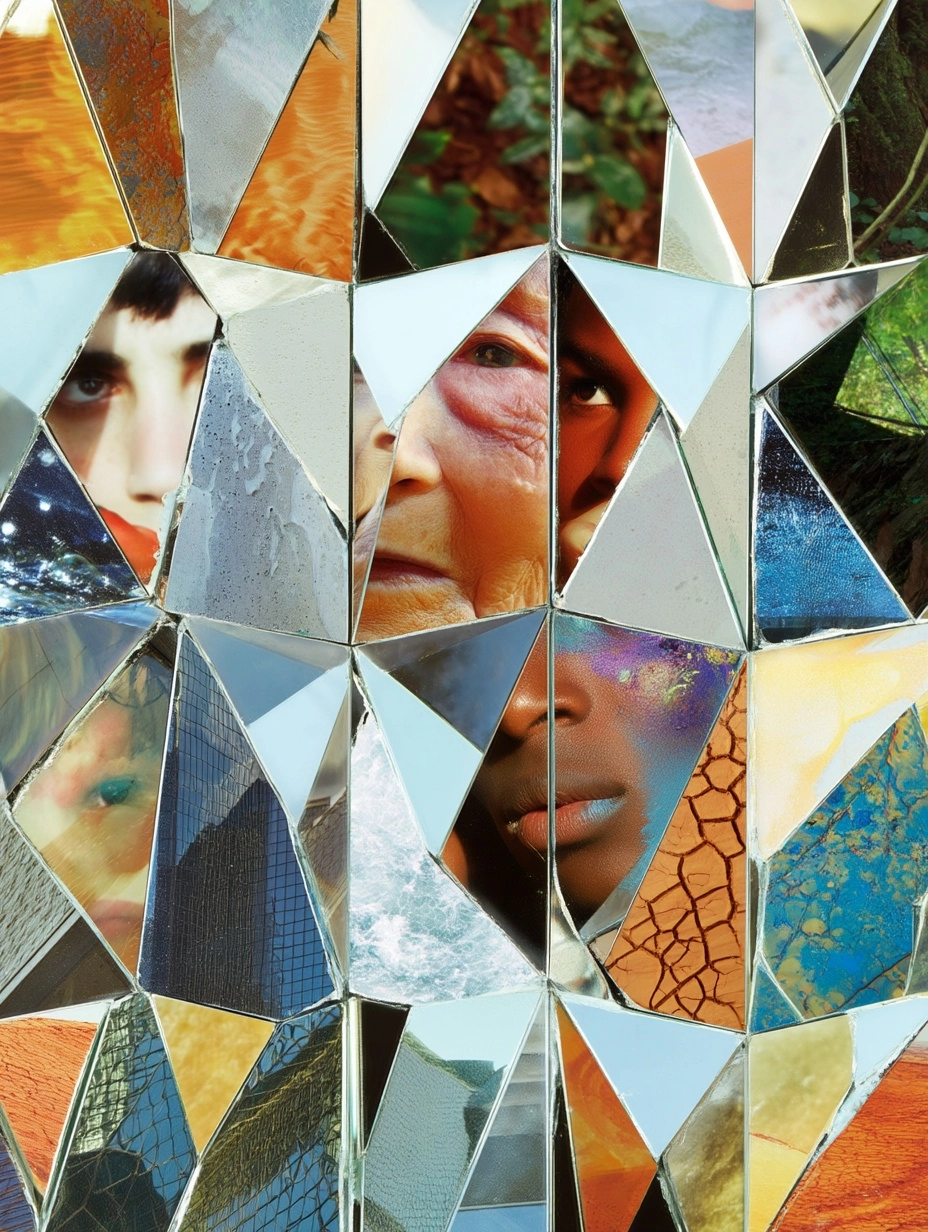 Wall of shattered mirror facets filling the entire frame