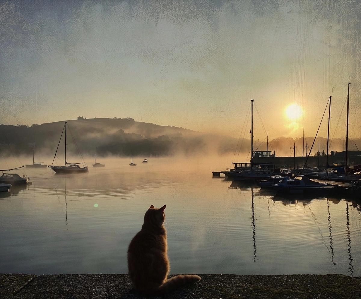 Good morning Saturday seeing the cat watching the sun go up in the harbor with the mist rising \\