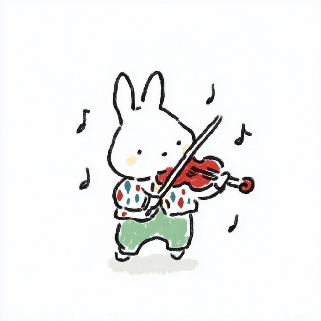 A white rabbit in harlequin-patterned playing the violin