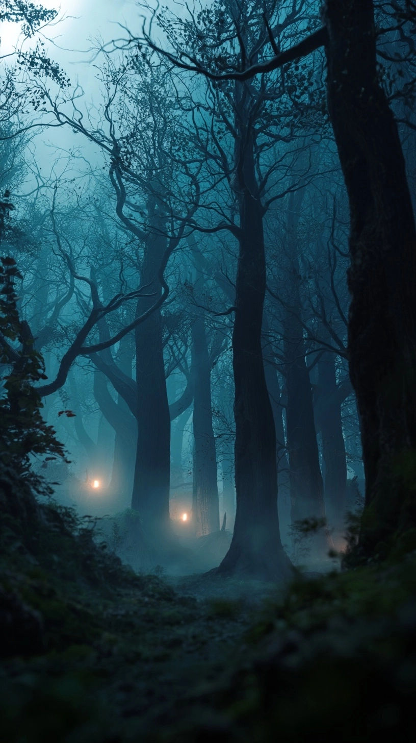 Dark goblin forest, twisted trees, fog and shadows, small goblin huts barely visible