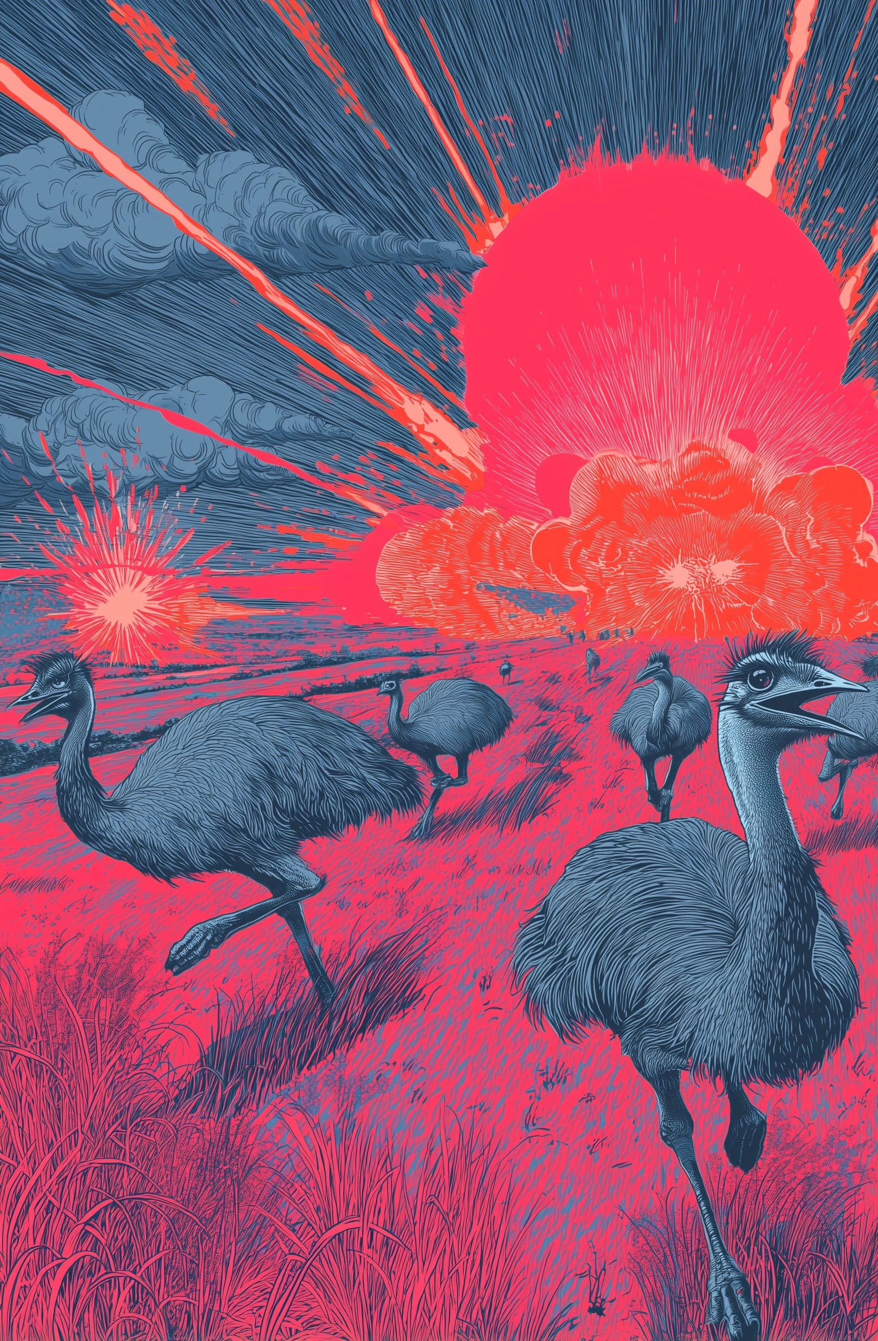 In the style of pop art, emus run and squawk as they are shot at by guns in the great emu war. explo