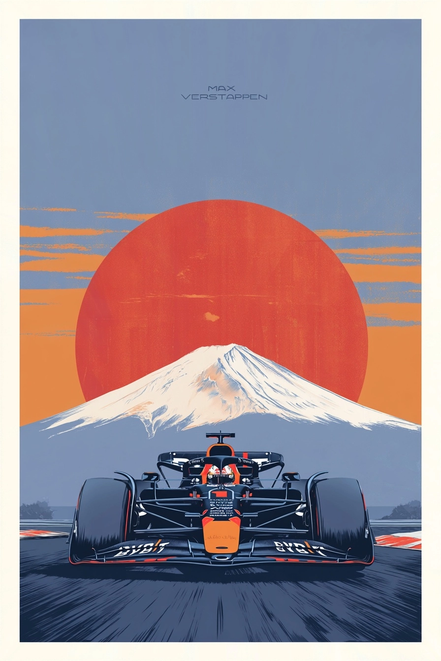 Max Verstappen Red Bull F1 racing art, Japanese grand prix Suzuka, dramatic rising sun