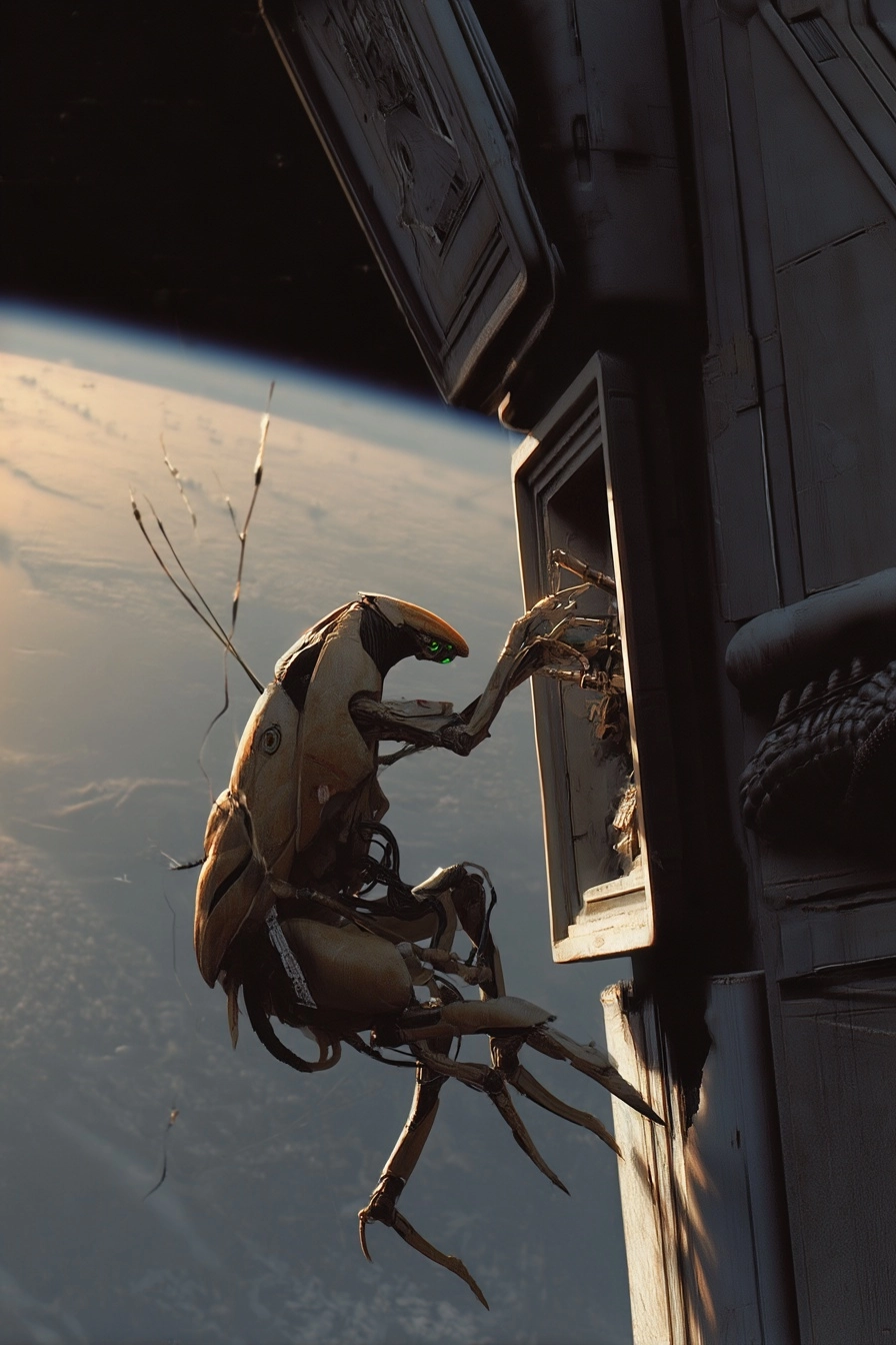 On the outside of a spaceship a photorealistic small four legged robot with carapace and several arm