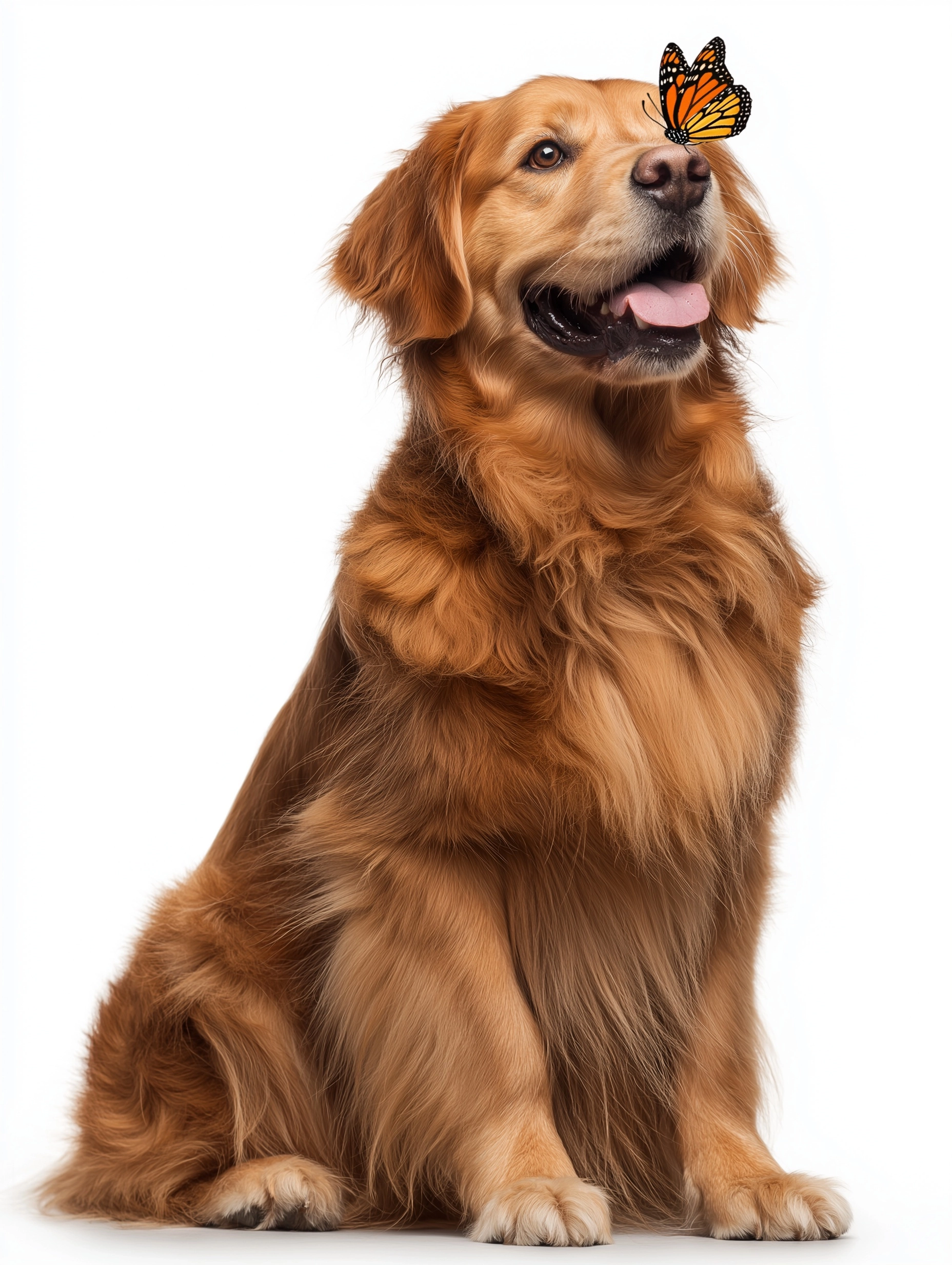 Photo of a golden retriever with a butterfly on his nose