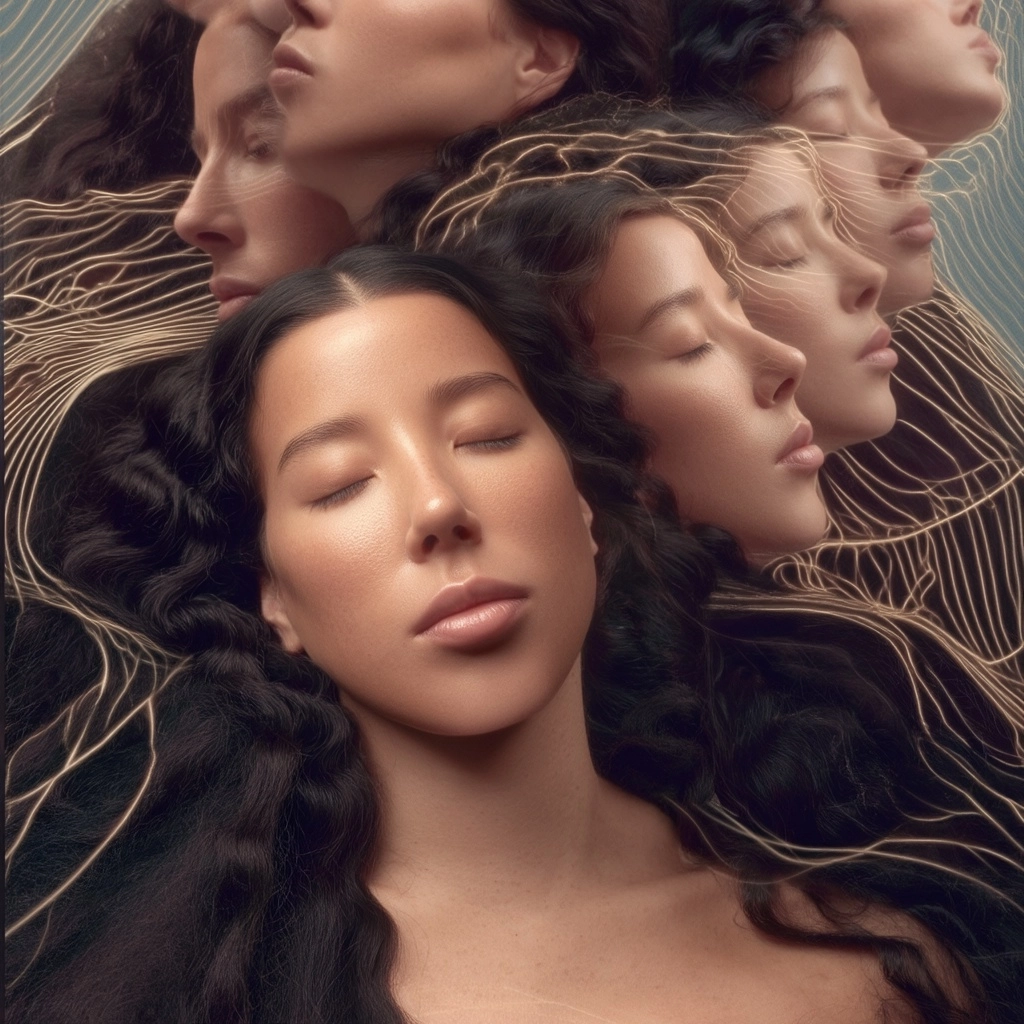 Ultra realistic cinematic fine art image of a woman with long wavy black hair