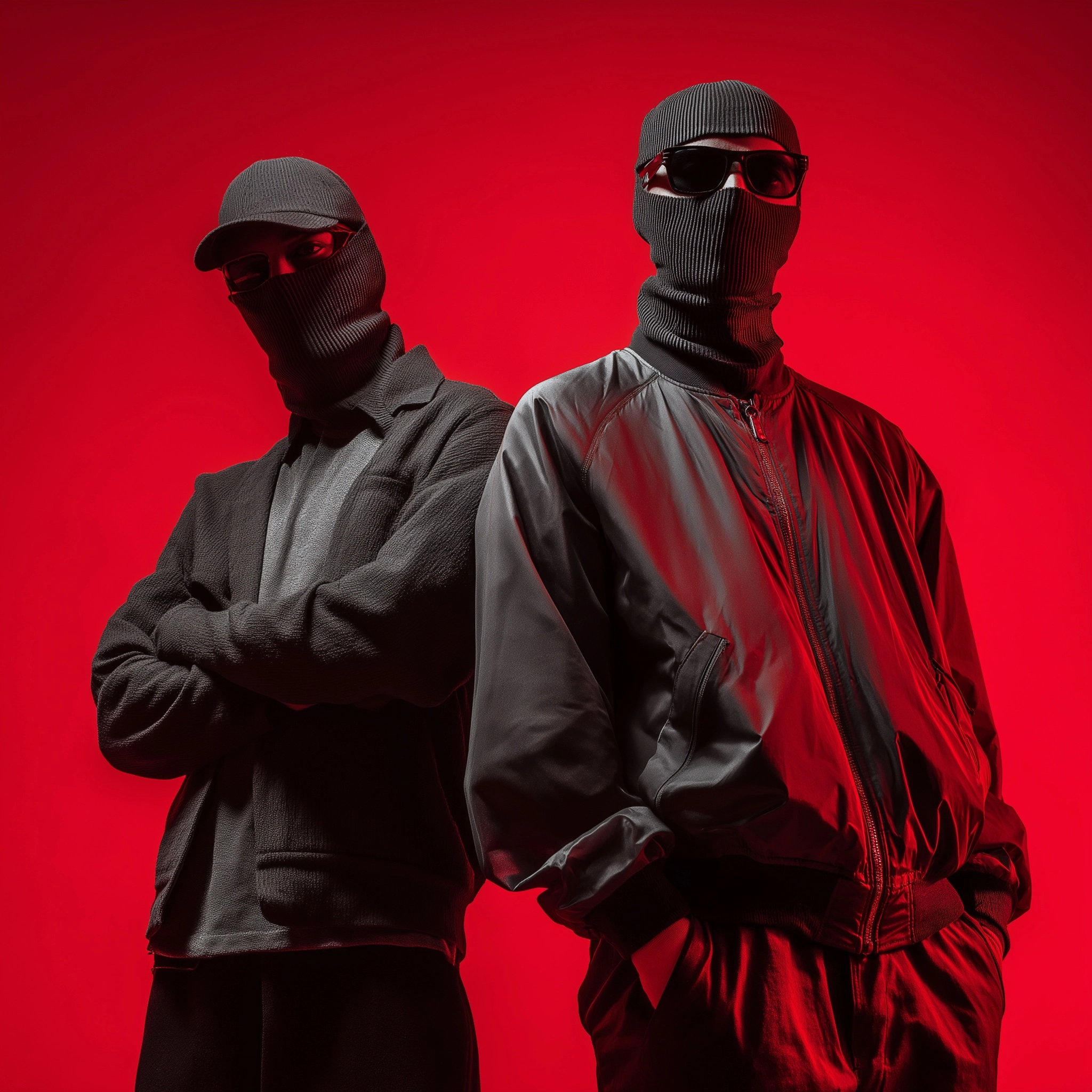 2 guys, standing half a meter apart, stylishly dressed, stylish pose, fashion, studio shooting