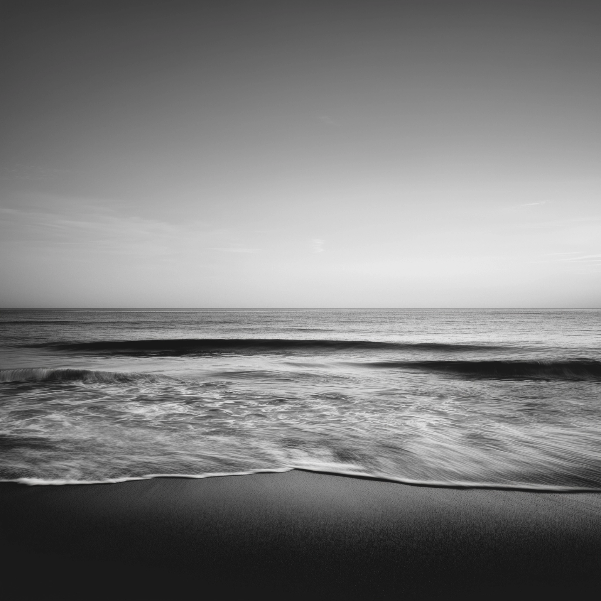 A black-and-white minimalist photograph of the ocean