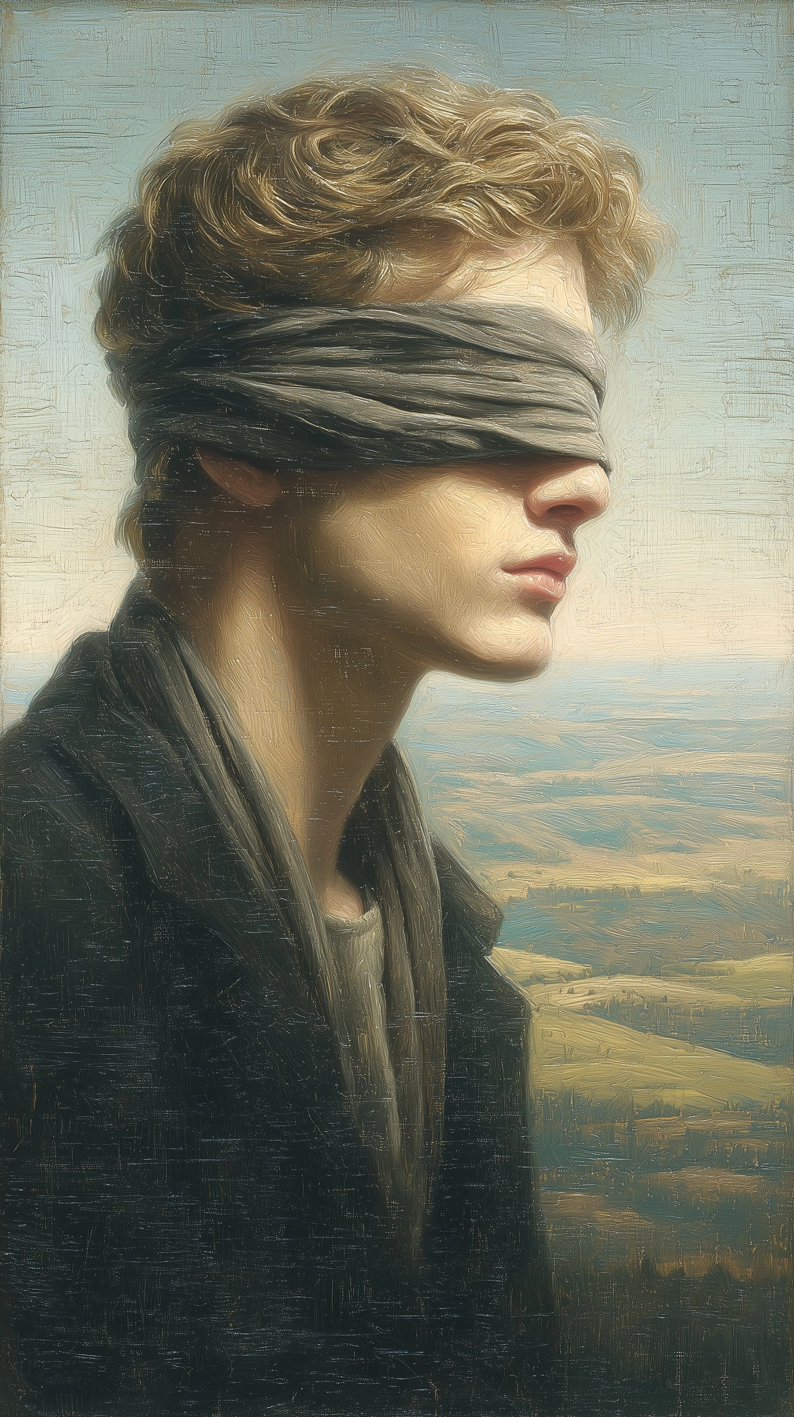 A close-up of a modern young man standing on a distant hill beyond endless valleys