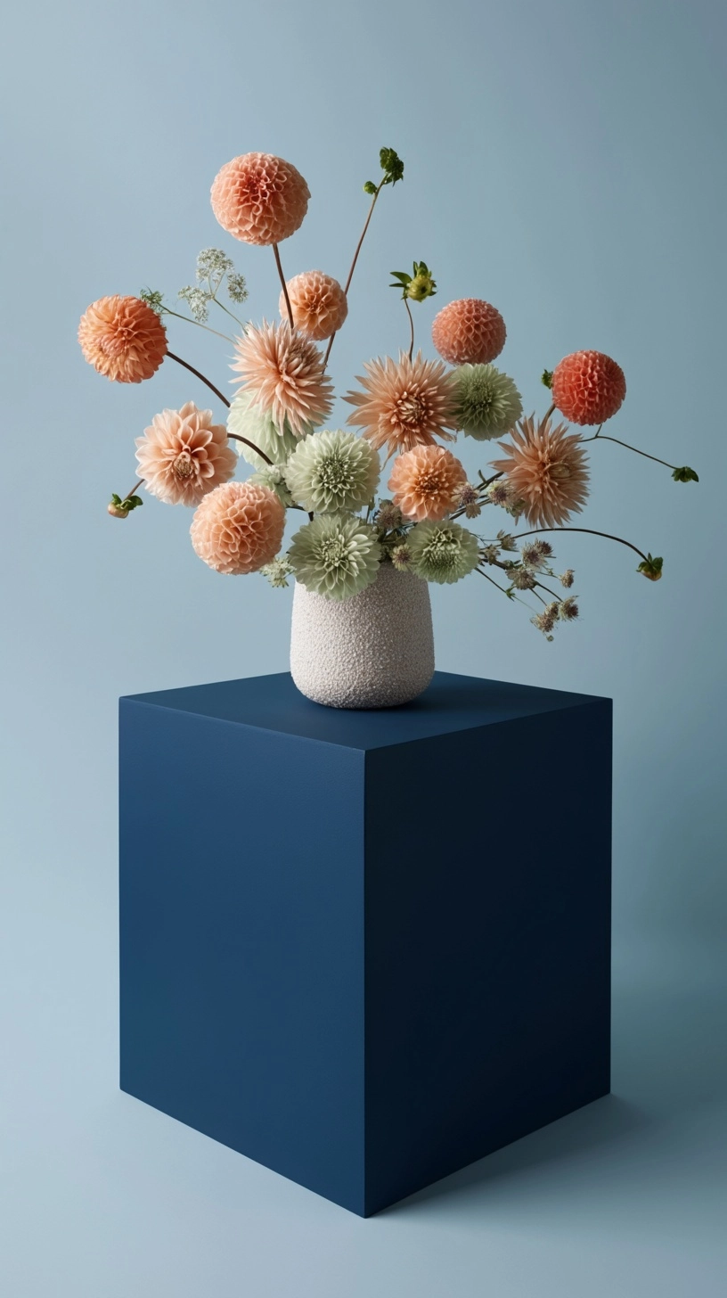 A minimal modern floral arrangement with various round dahlia flowers in soft pastel tones (peach