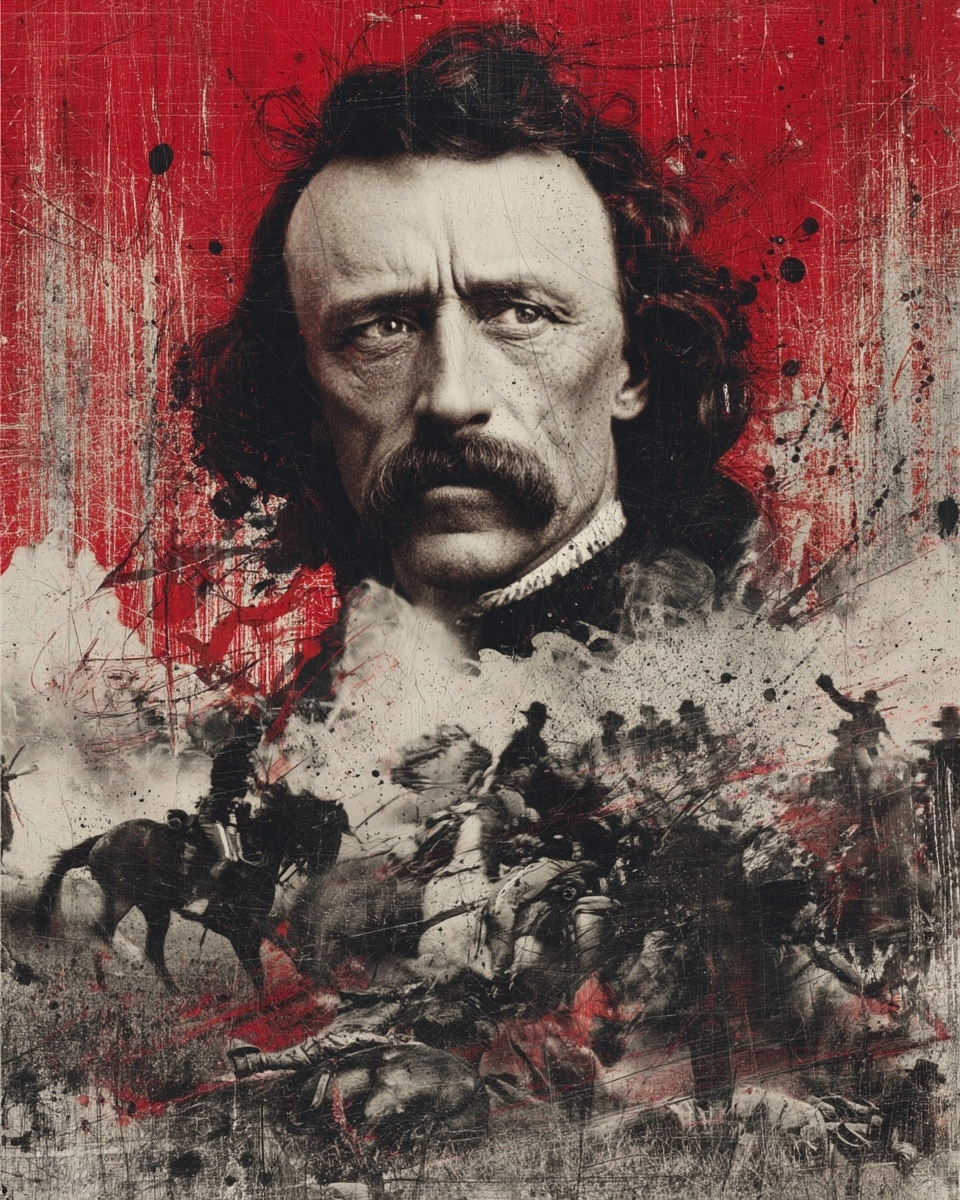 Graphic poster of General George Armstrong Custer, large portrait dominating the composition