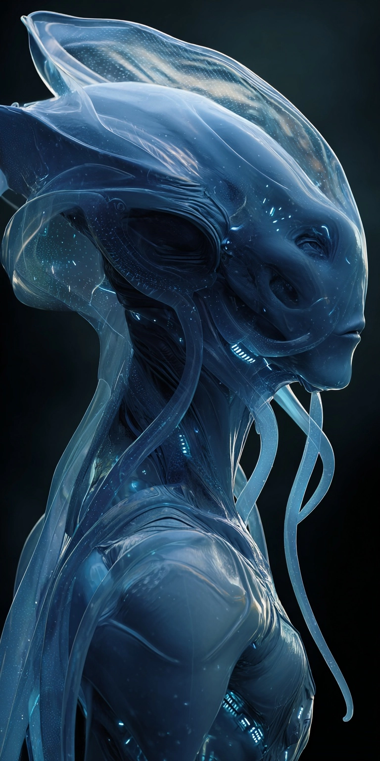 Create an ultra-realistic portrait of an interdimensional cosmic officer. The being is an alien