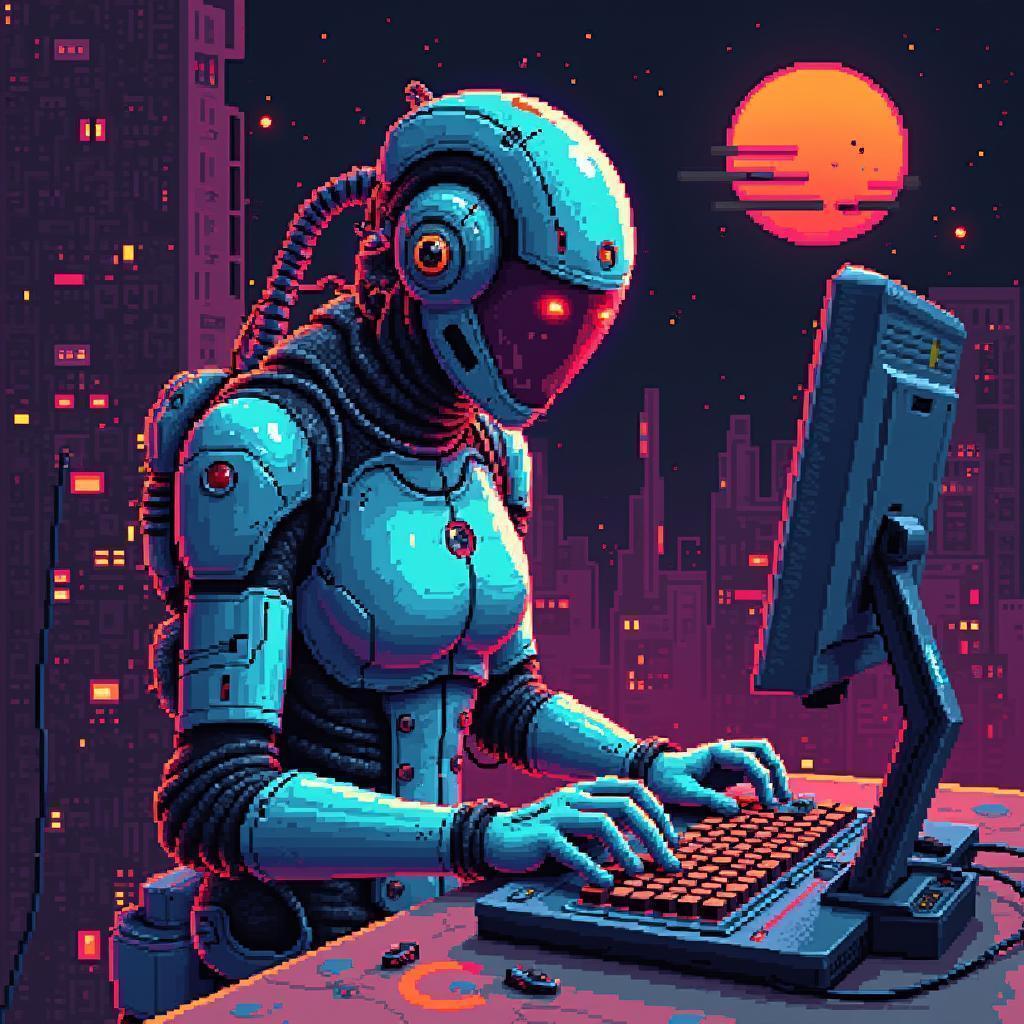 Pixel Human Wired Into a Biopunk Computer