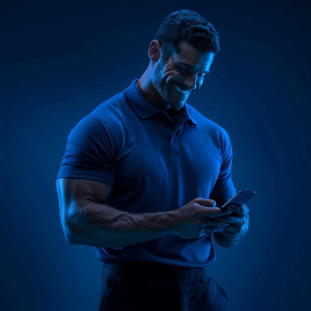 A strong, muscular, and handsome attendant wearing a blue polo shirt
