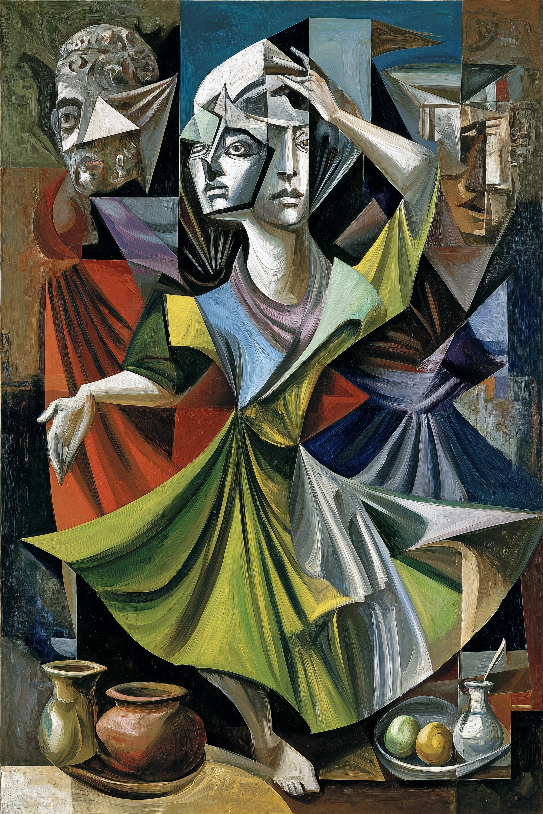 A surreal oil painting depicting Salome dancing with the head of John the Baptist