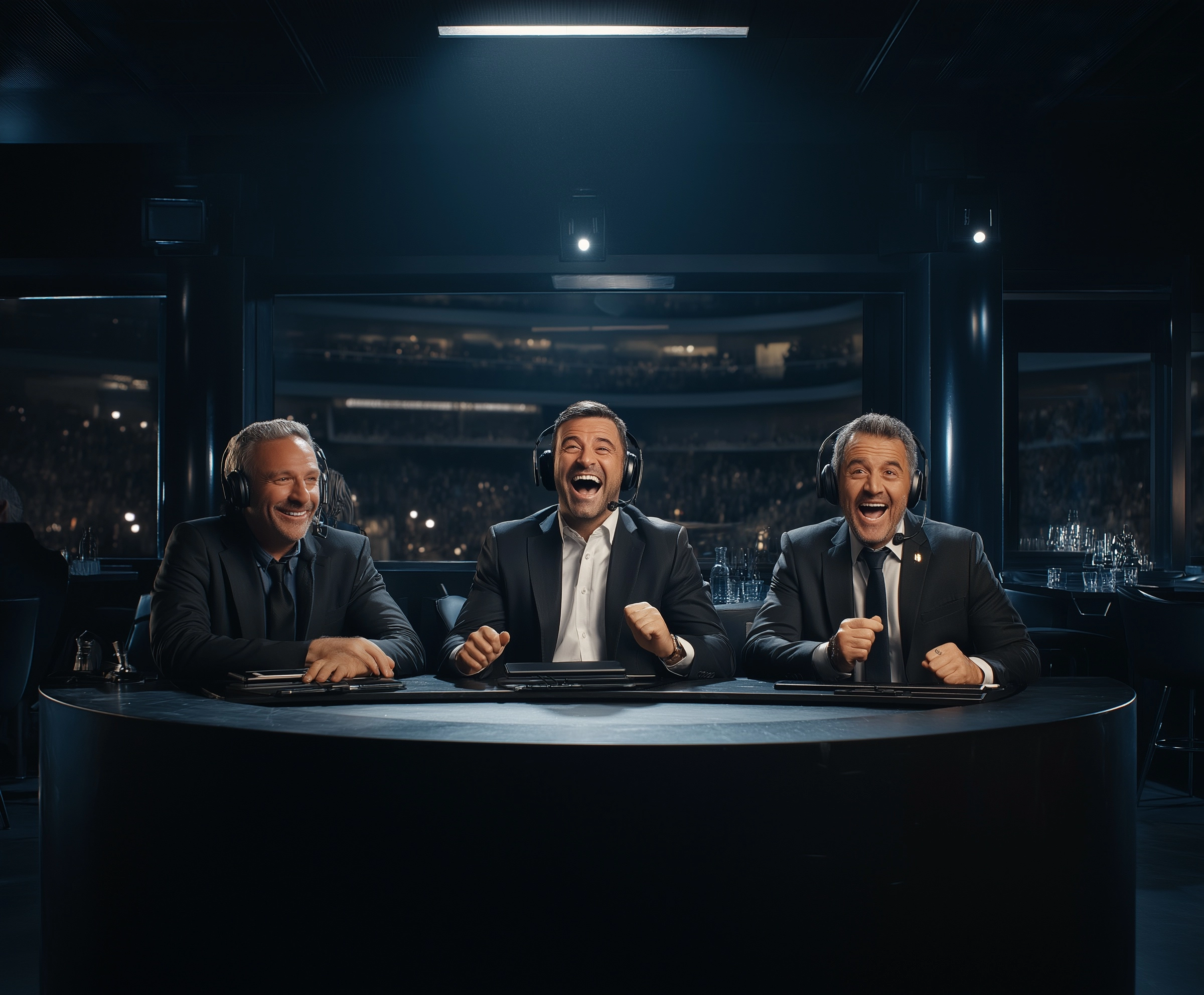 Advertising photograph, close-up of three smiling and euphoric Ecuadorian football commentators narr