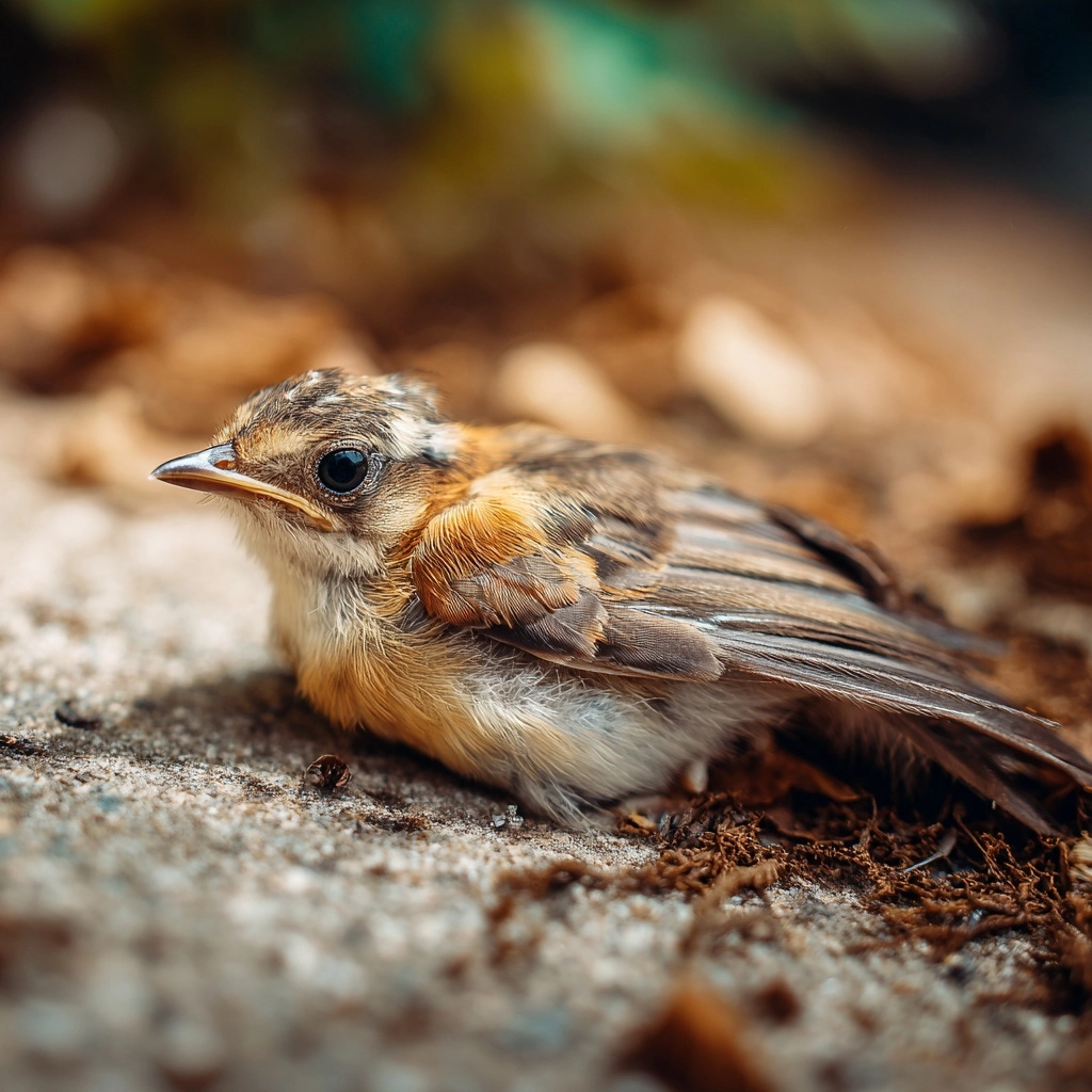 Baby bird lying on the ground with a broken wing. The wing is showing damaged. Baby bird is looking