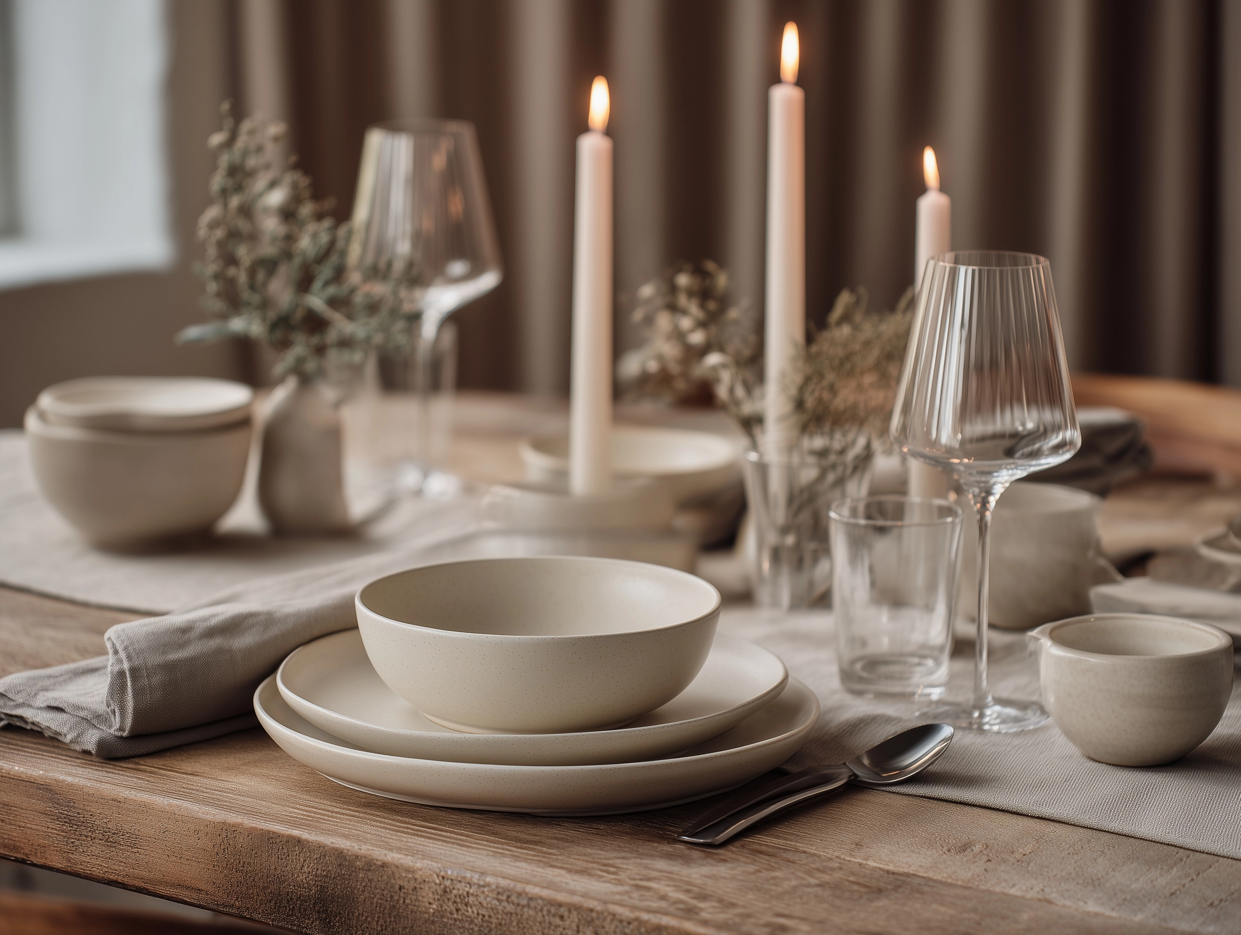 Elegant neutral tableware collection styled in a warm atmospheric dining setting