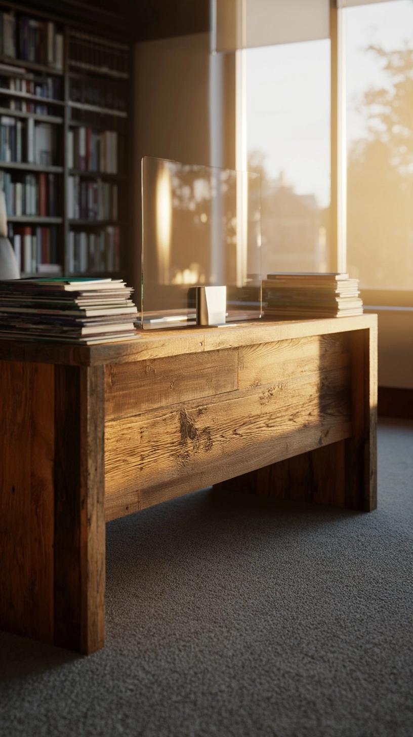 Eye-level photoreal environment plate of a doctor's office, camera plumb and horizon level