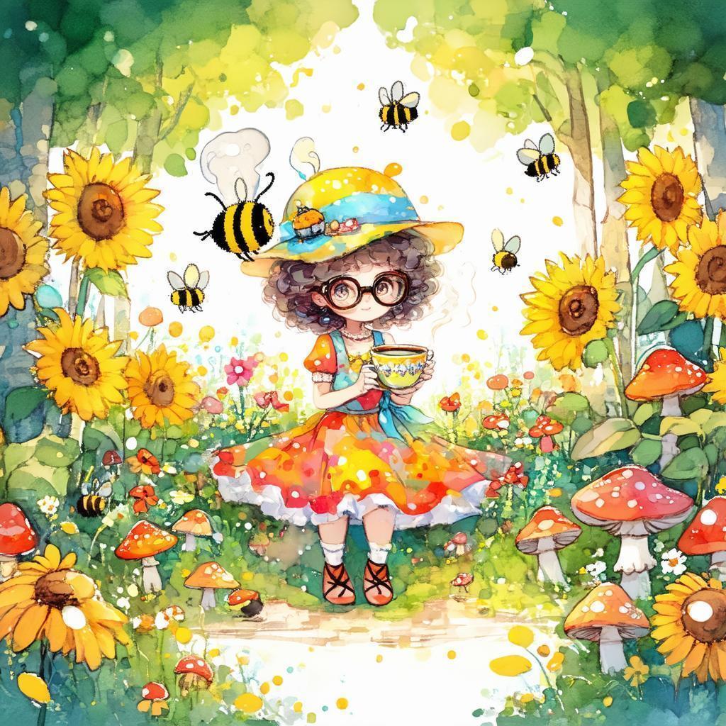 Manga Girl Sipping Tea Among Forest Creatures