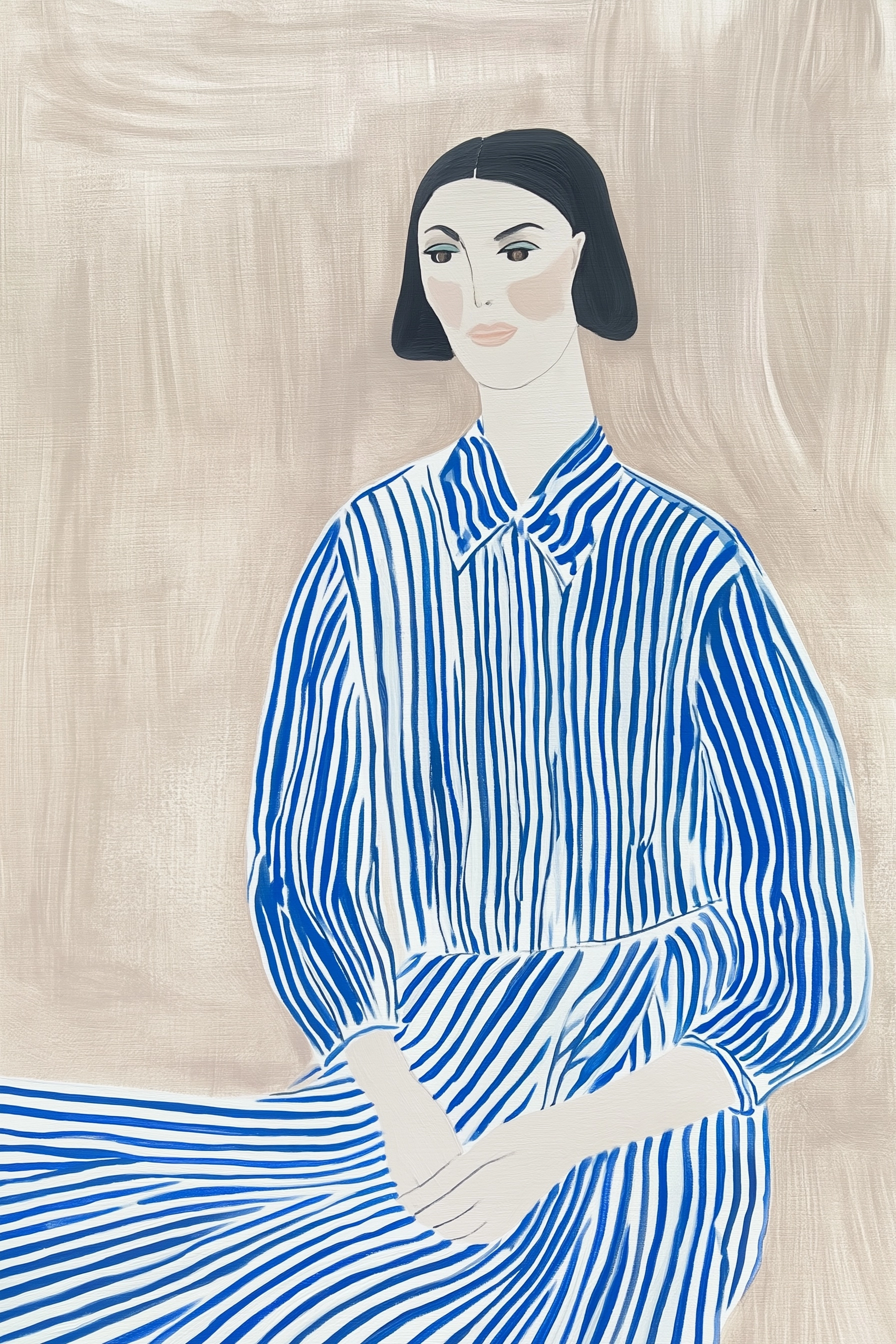 Gouache painting of a woman in the style of Matisse wearing a blue and white striped dress in the st