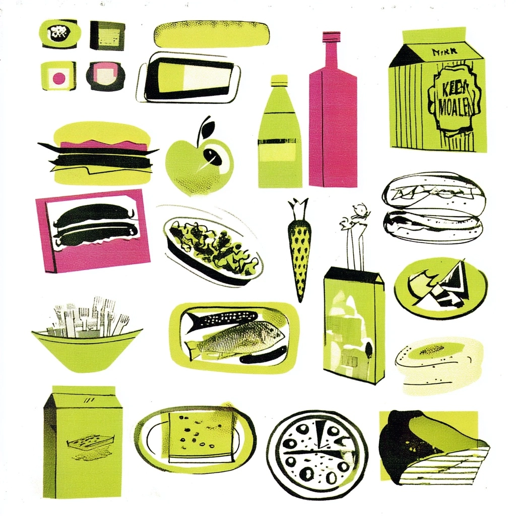 Indie game food asset sheet for a grid-based game, multiple food items arranged neatly with even spa