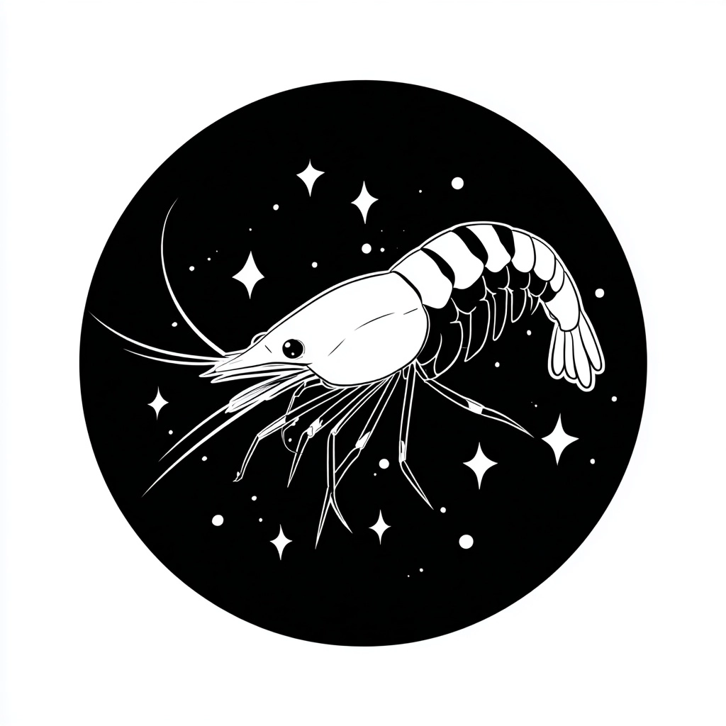 Kawaii black and white Neocaridina shrimp sticker, circle, round, aesthetic, vector art, simple