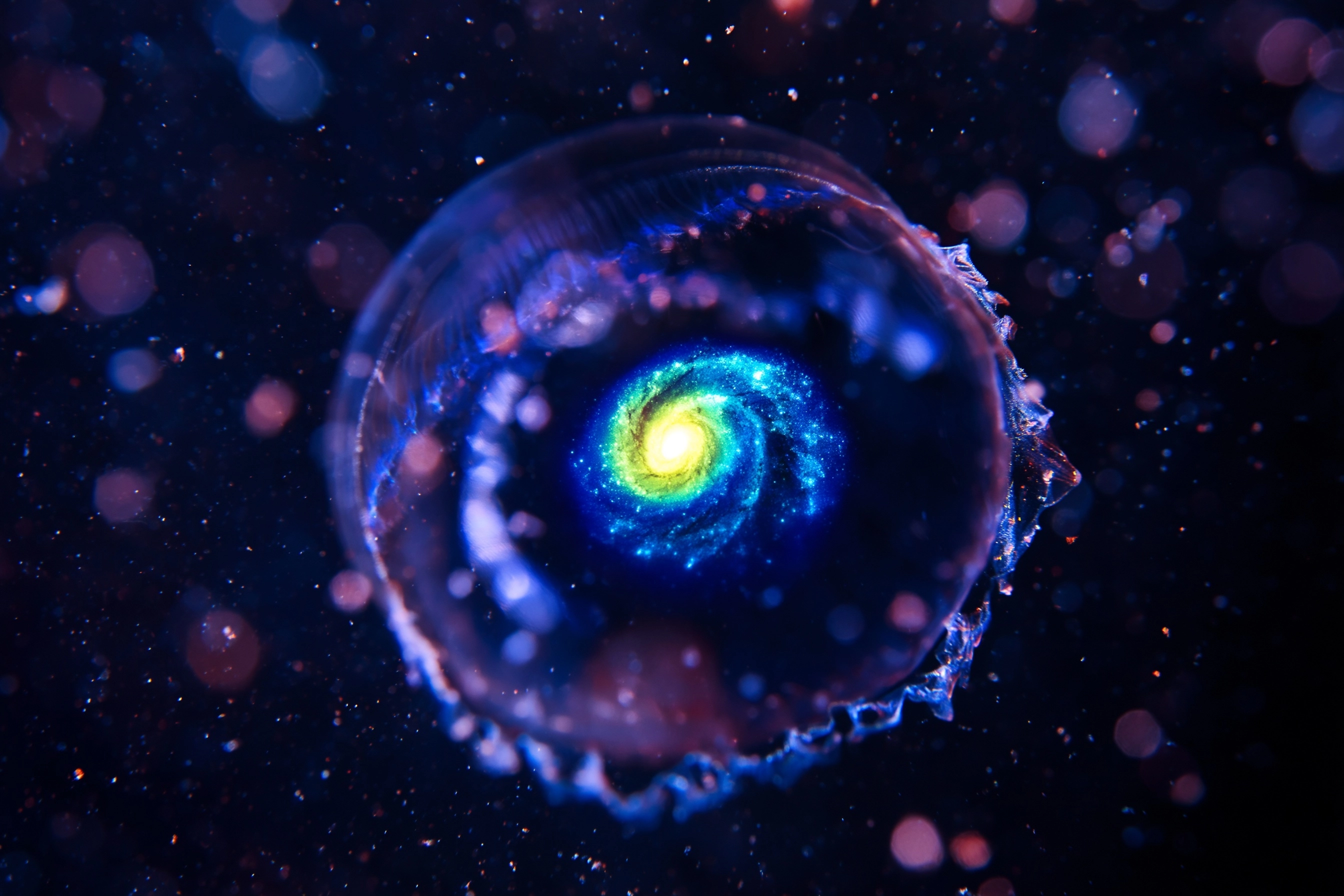 Macro close-up of bioluminescent transparent jellyfish with a bright spiral galaxy inside it's body