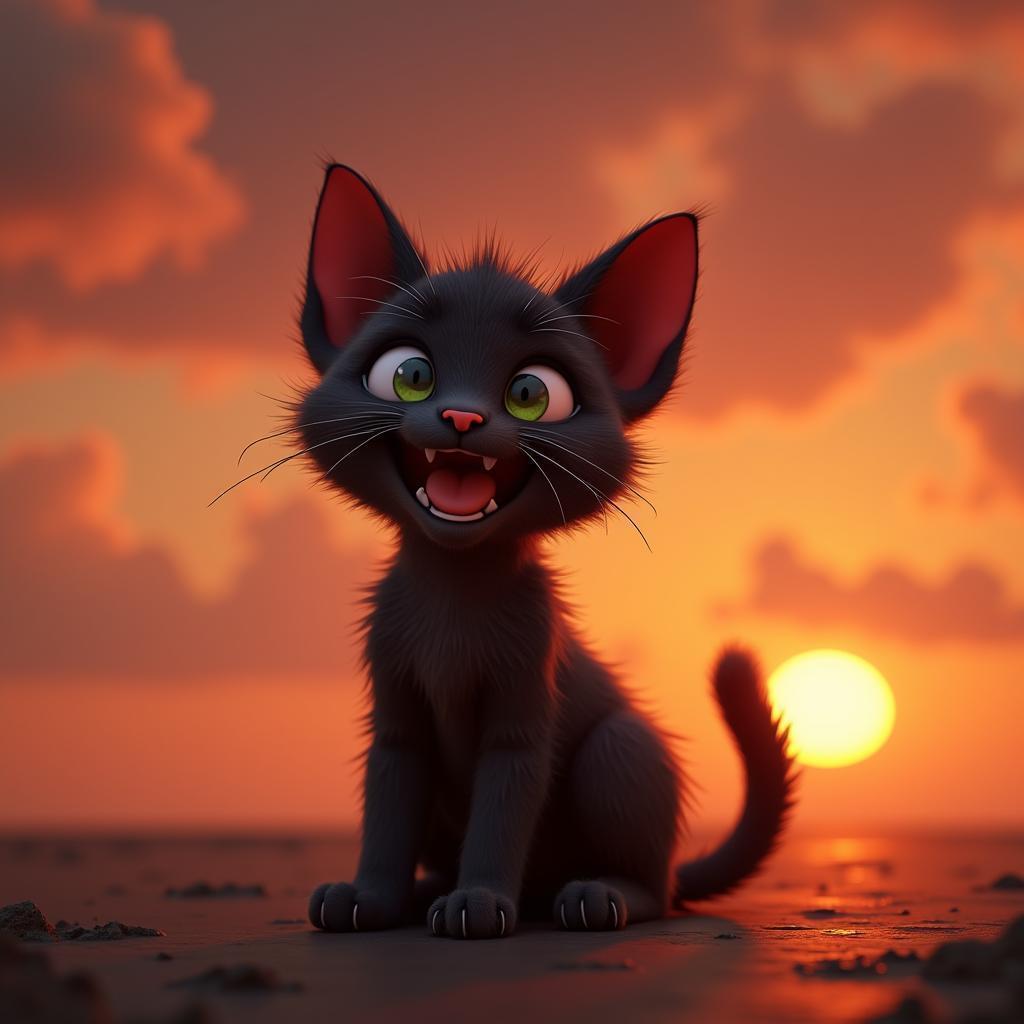 Exuberant Black Kitten Against a Vivid Sunset