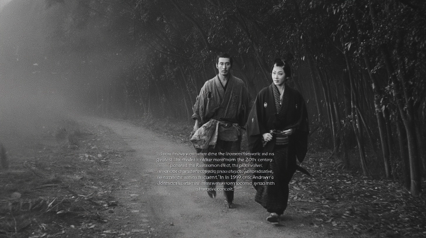 Black-and-White Silent Film Still with Rashomon Text