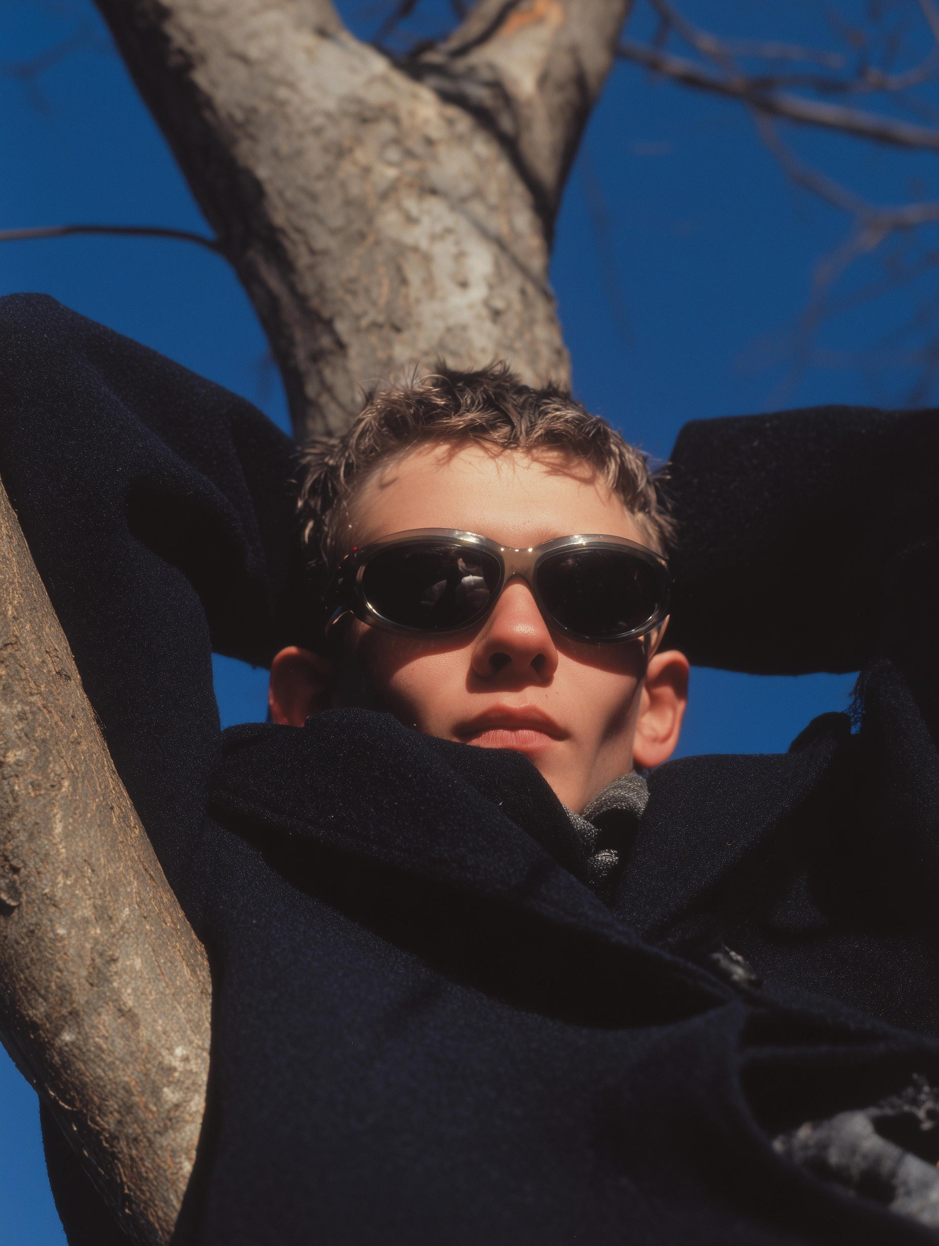 Martin Parr style, photo of a 16-year-old lying on a tree branch with his hands behind his head and