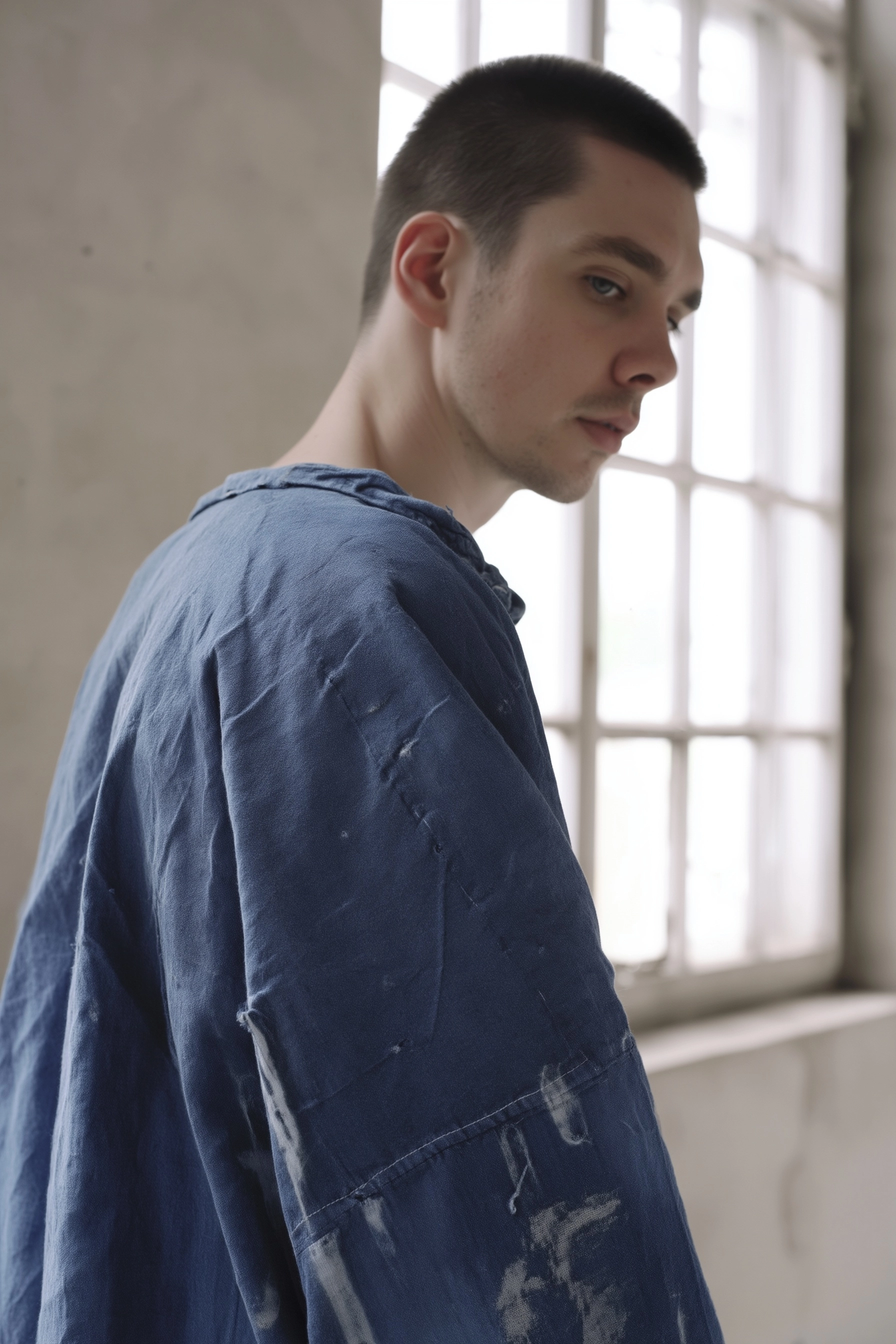 Minimalist editorial fashion photography, contemporary concrete interior