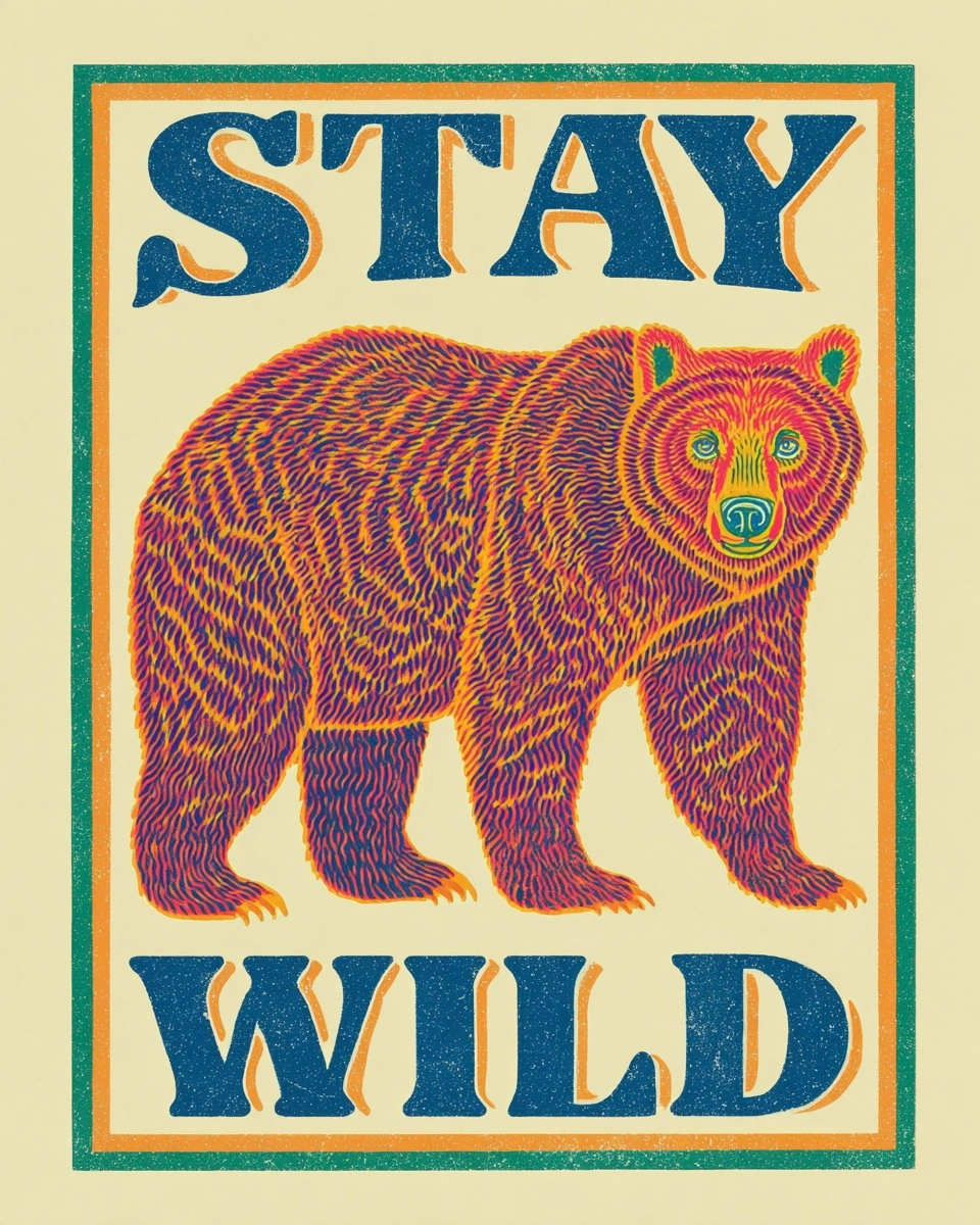 Powerful bear illustration, front facing, strong stance, textured fur, rugged masculine design