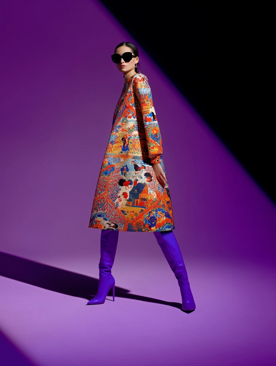 Studio shot of a fashion model wearing a pennsylvania dutch folk art pattern dress with purple knee-