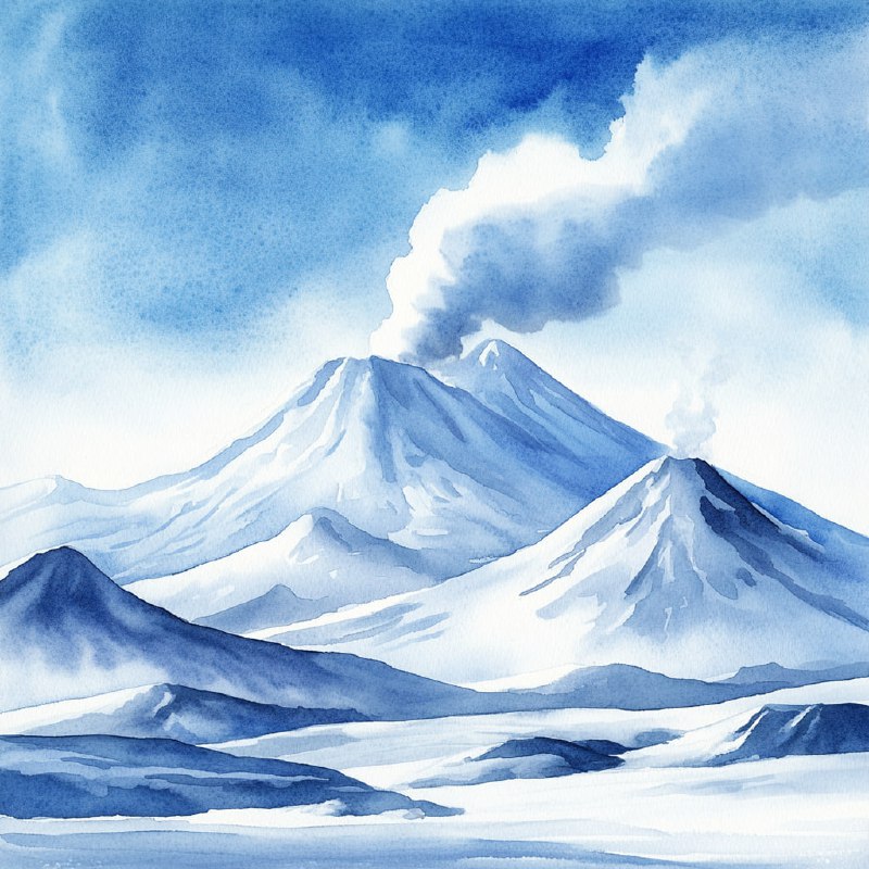 Joyful Watercolor Kamchatka Volcanic Landscape